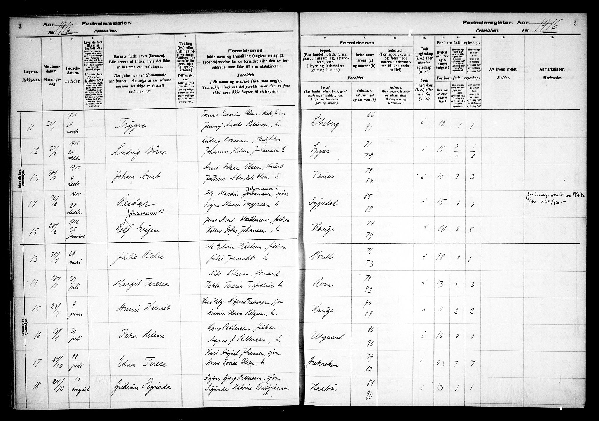 Hvaler prestekontor Kirkebøker, AV/SAO-A-2001/J/Ja/L0001: Fødselsregister nr. I 1, 1916-1938, s. 3