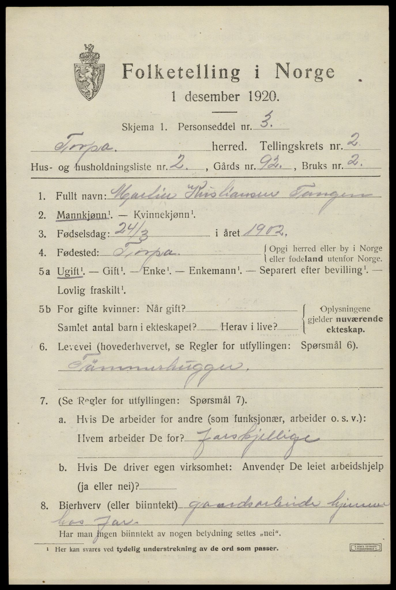 SAH, Folketelling 1920 for 0539 Torpa herred, 1920, s. 1671