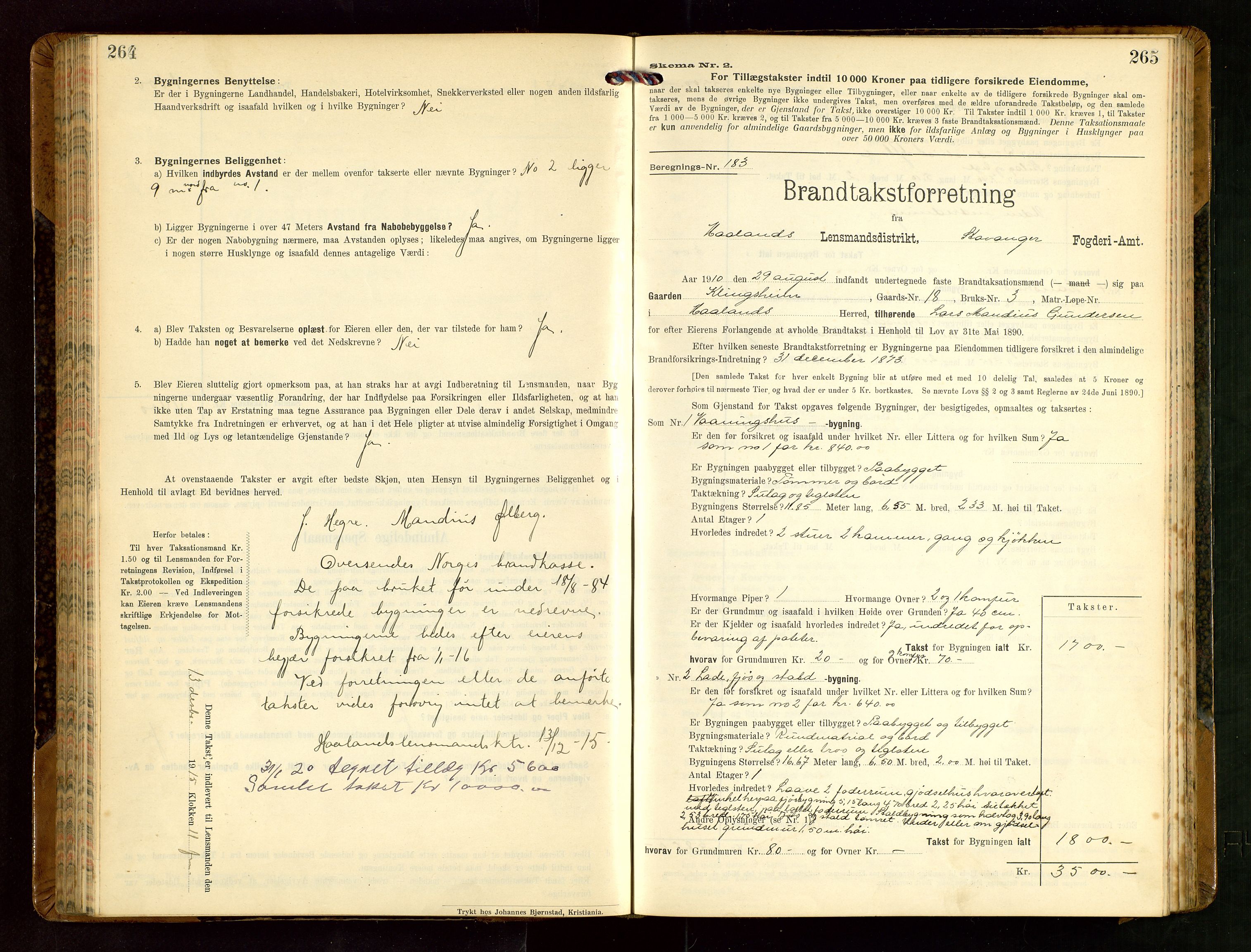 Håland lensmannskontor, SAST/A-100100/Gob/L0004: Branntakstprotokoll - skjematakst. Register i boken., 1913-1915, s. 264-265