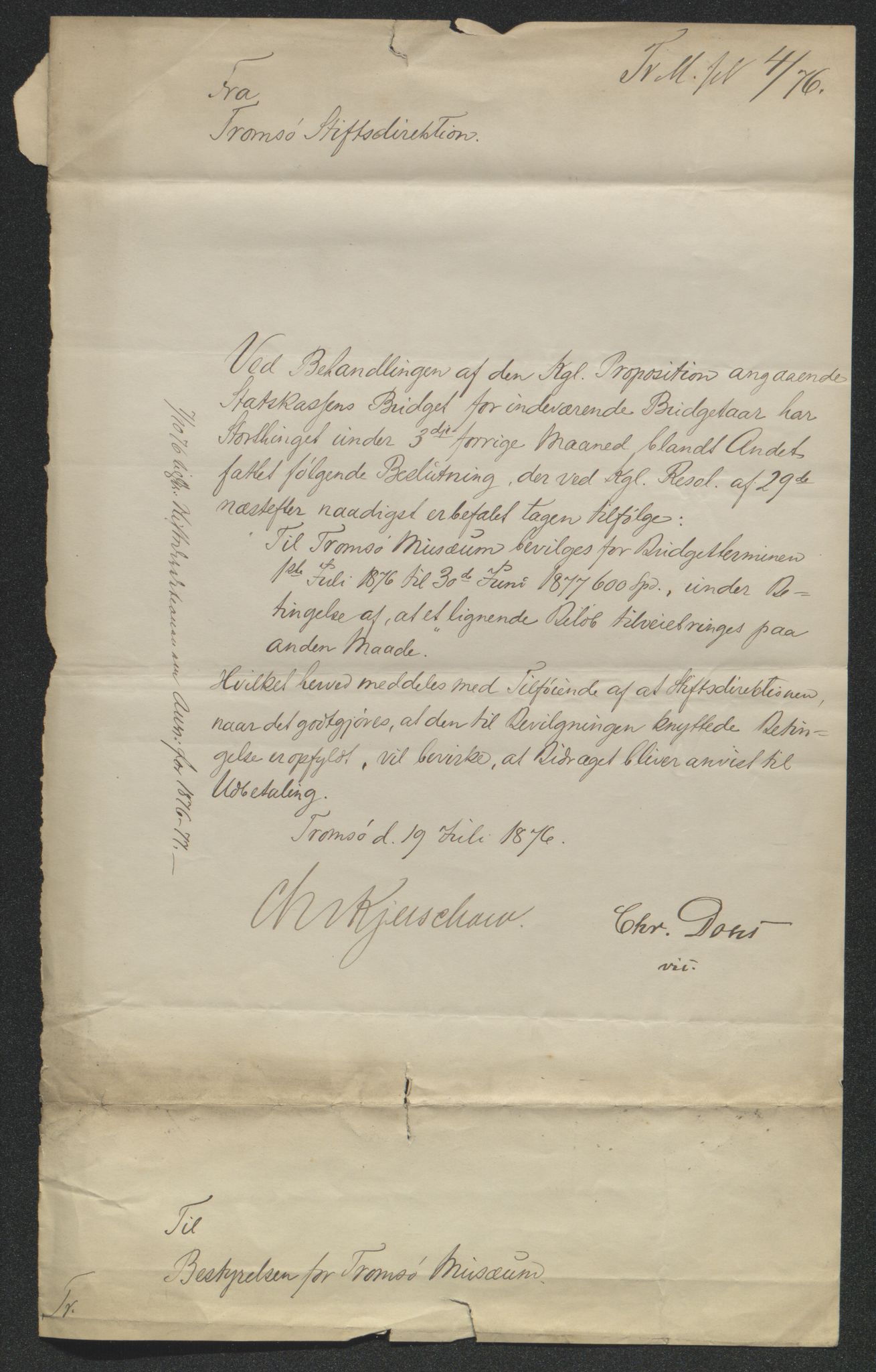 Tromsø Museum, AV/SATØ-S-0162/D/Db/L0032: Journalsaker og innkomne brev, 1872-1878, s. 320