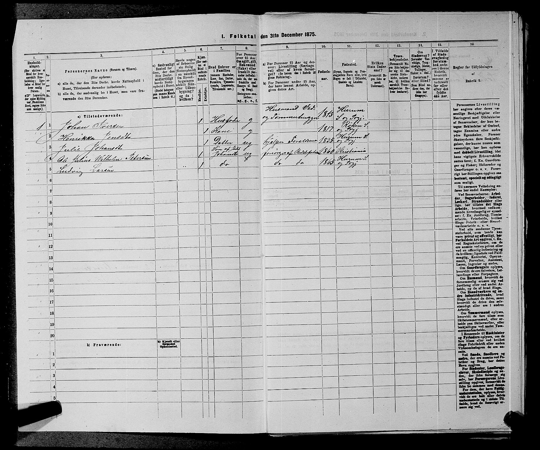 SAKO, Folketelling 1875 for 0628L Hurum prestegjeld, Hurum sokn, 1875, s. 215