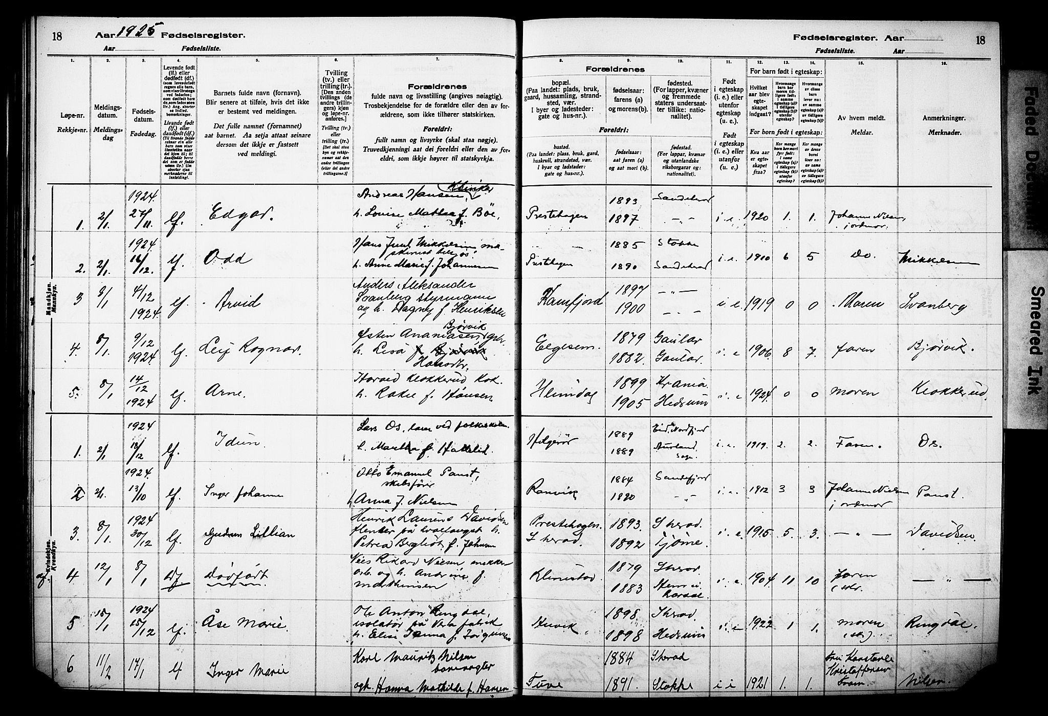 Sandar kirkebøker, SAKO/A-243/J/Ja/L0002: Fødselsregister nr. 2, 1922-1929, s. 18