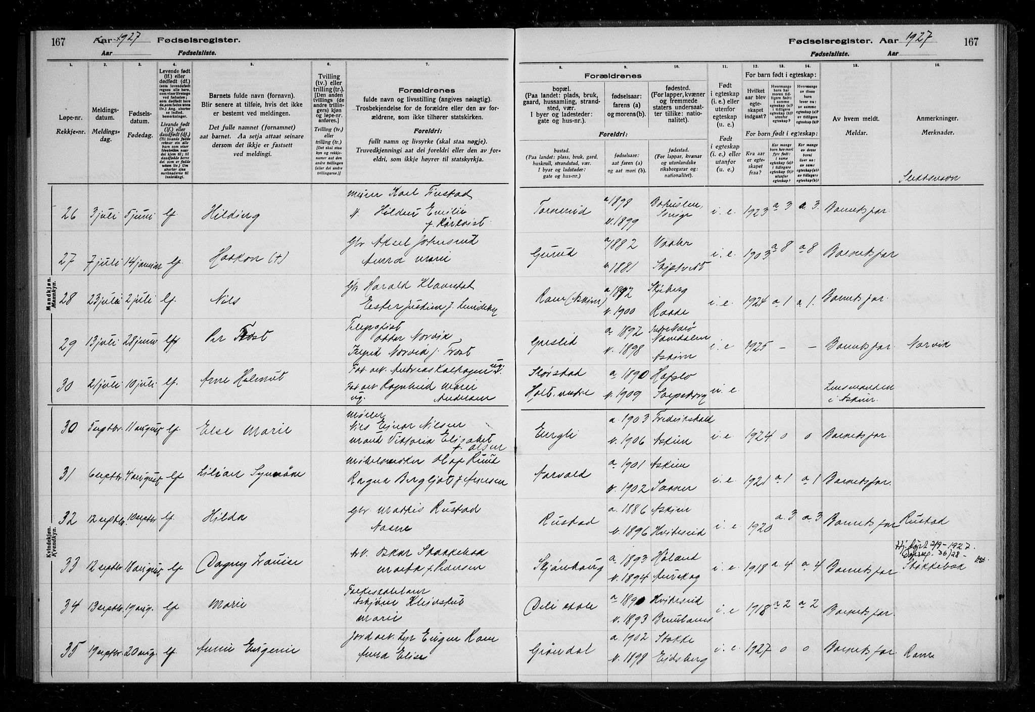 Askim prestekontor Kirkebøker, AV/SAO-A-10900/J/Ja/L0001: Fødselsregister nr. 1, 1916-1929, s. 167