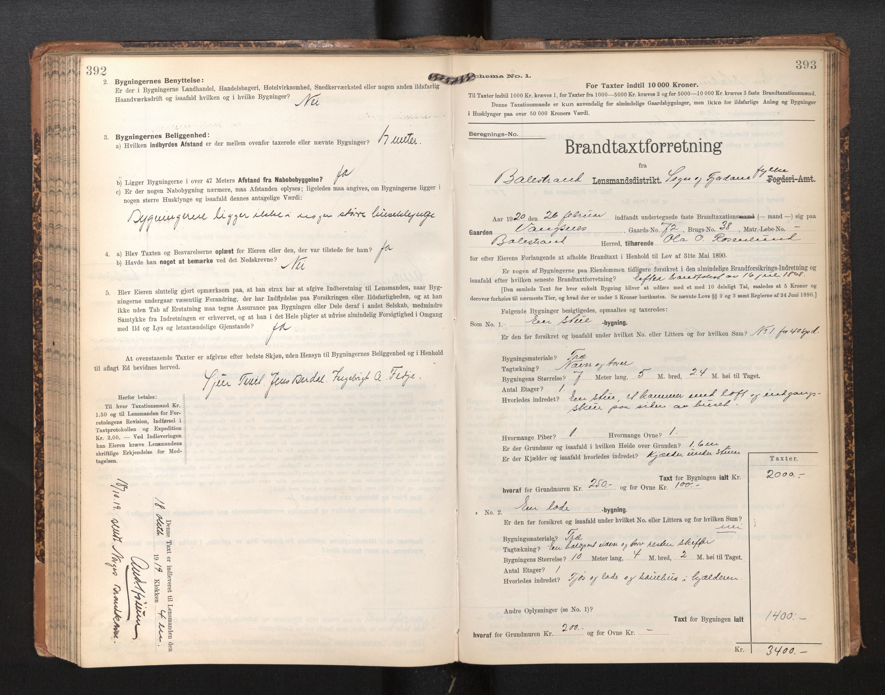 Lensmannen i Leikanger, SAB/A-29201/0012/L0005: Branntakstprotokoll, skjematakst, 1907-1917, s. 392-393