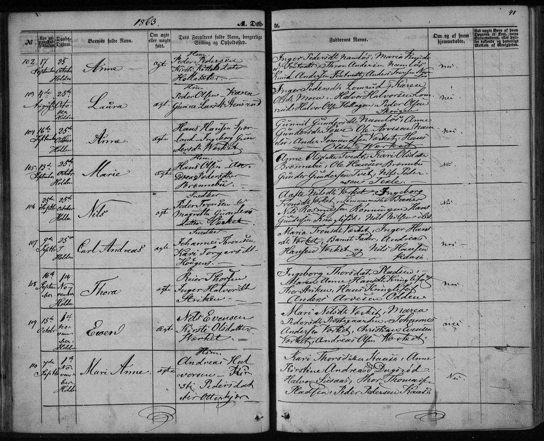 Holla kirkebøker, AV/SAKO-A-272/F/Fa/L0006: Ministerialbok nr. 6, 1861-1869, s. 41