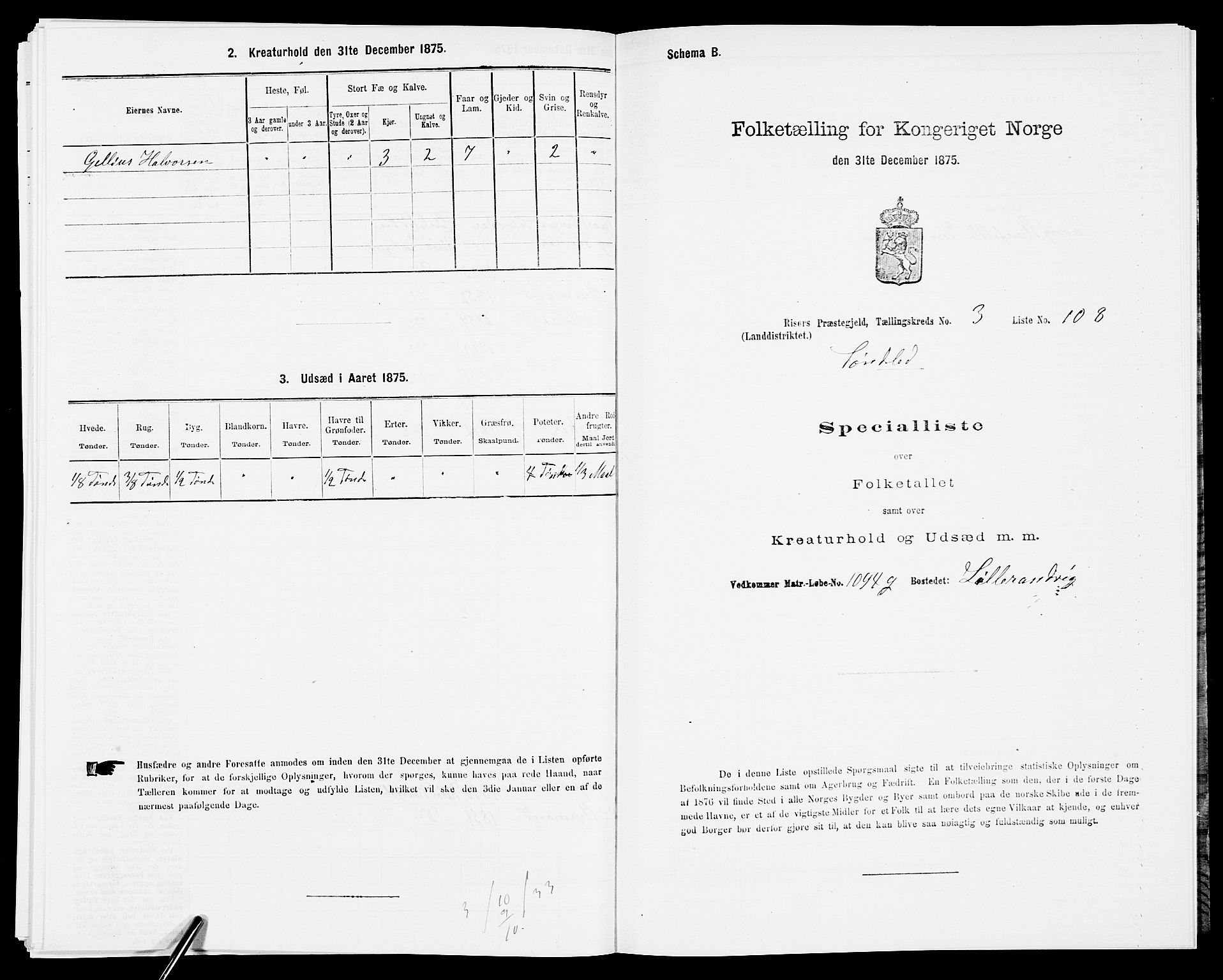 SAK, Folketelling 1875 for 0913L Risør prestegjeld, Søndeled sokn, 1875, s. 594
