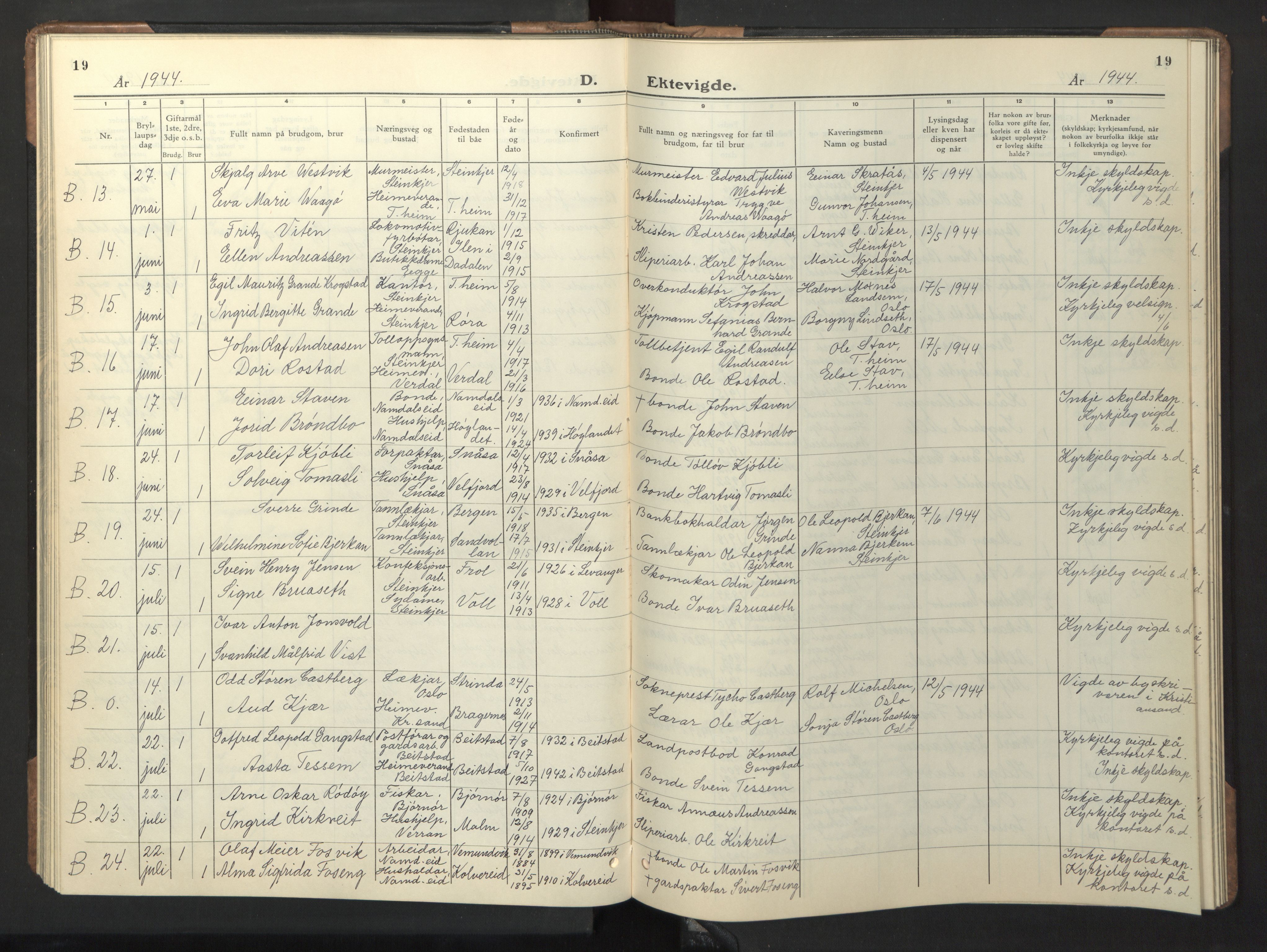 Ministerialprotokoller, klokkerbøker og fødselsregistre - Nord-Trøndelag, AV/SAT-A-1458/739/L0377: Klokkerbok nr. 739C05, 1940-1947, s. 19