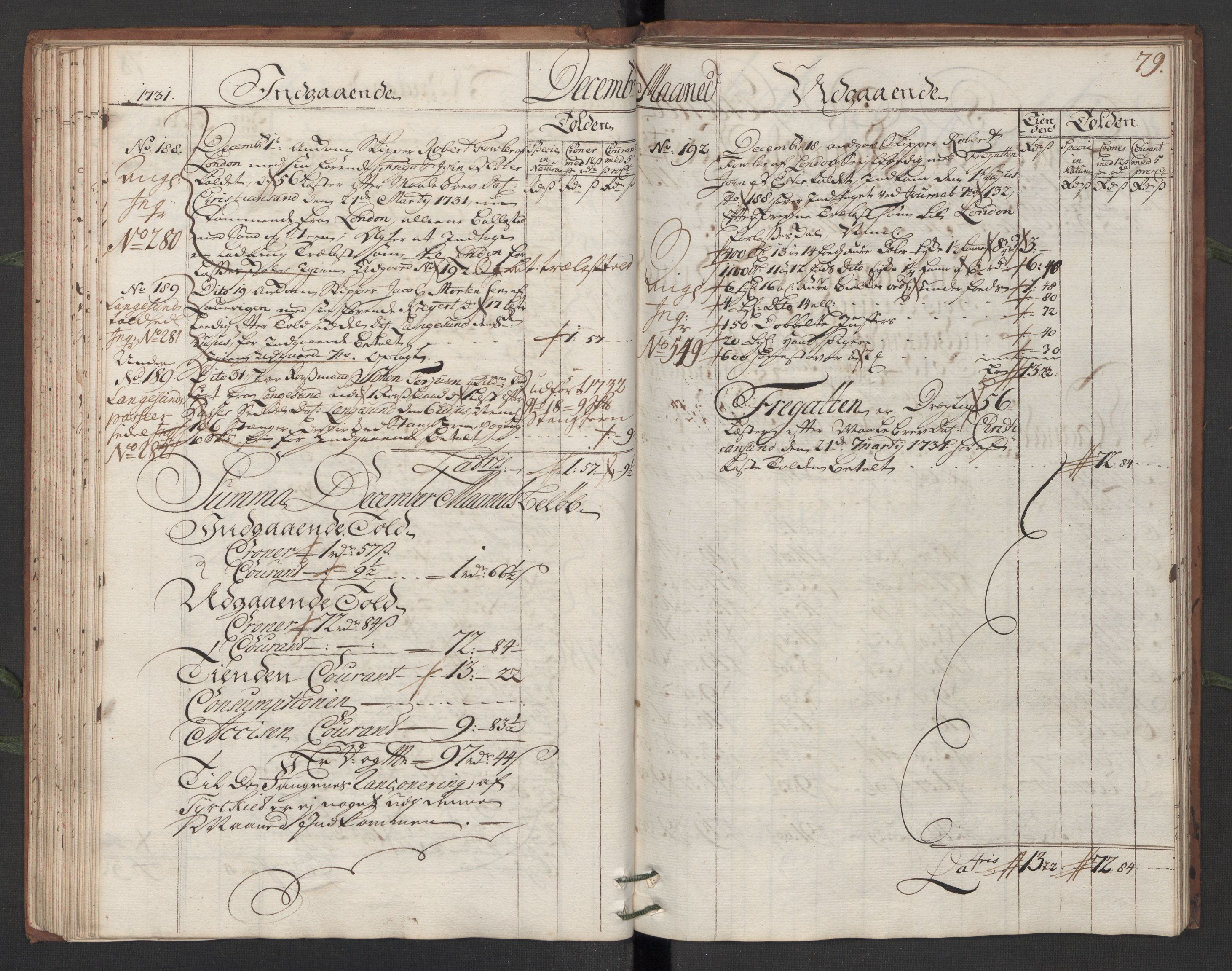Generaltollkammeret, tollregnskaper, RA/EA-5490/R13/L0006/0001: Tollregnskaper Kragerø / Hovedtollbok, 1731, s. 78b-79a
