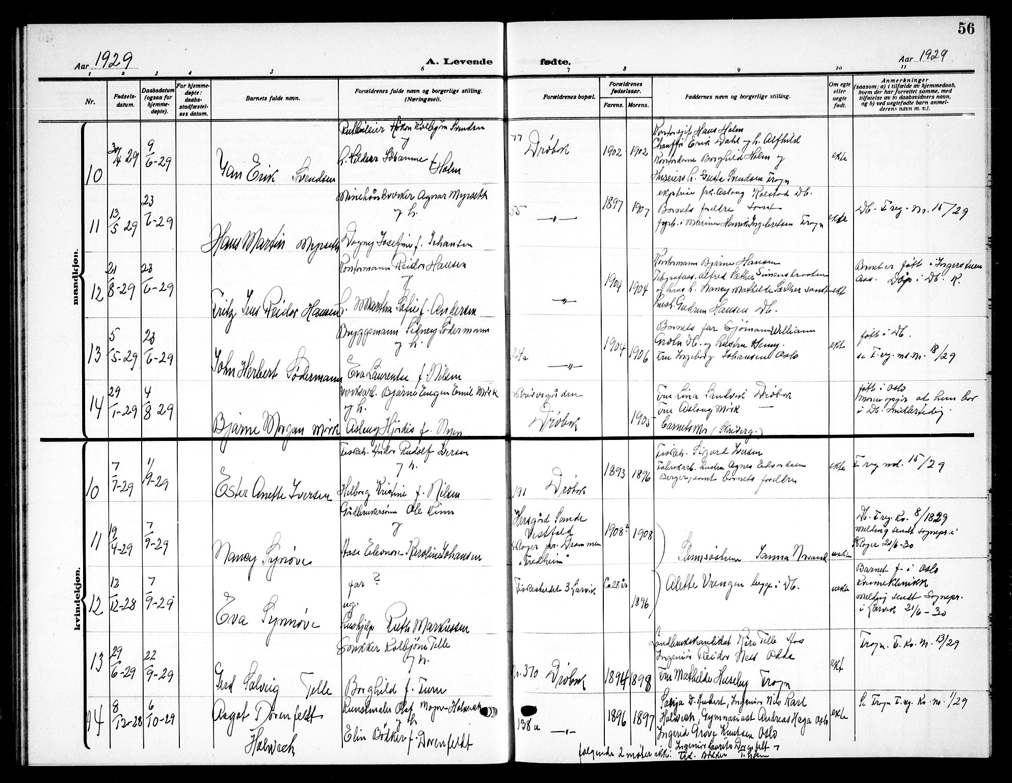 Drøbak prestekontor Kirkebøker, AV/SAO-A-10142a/G/Ga/L0002: Klokkerbok nr. I 2, 1917-1932, s. 56