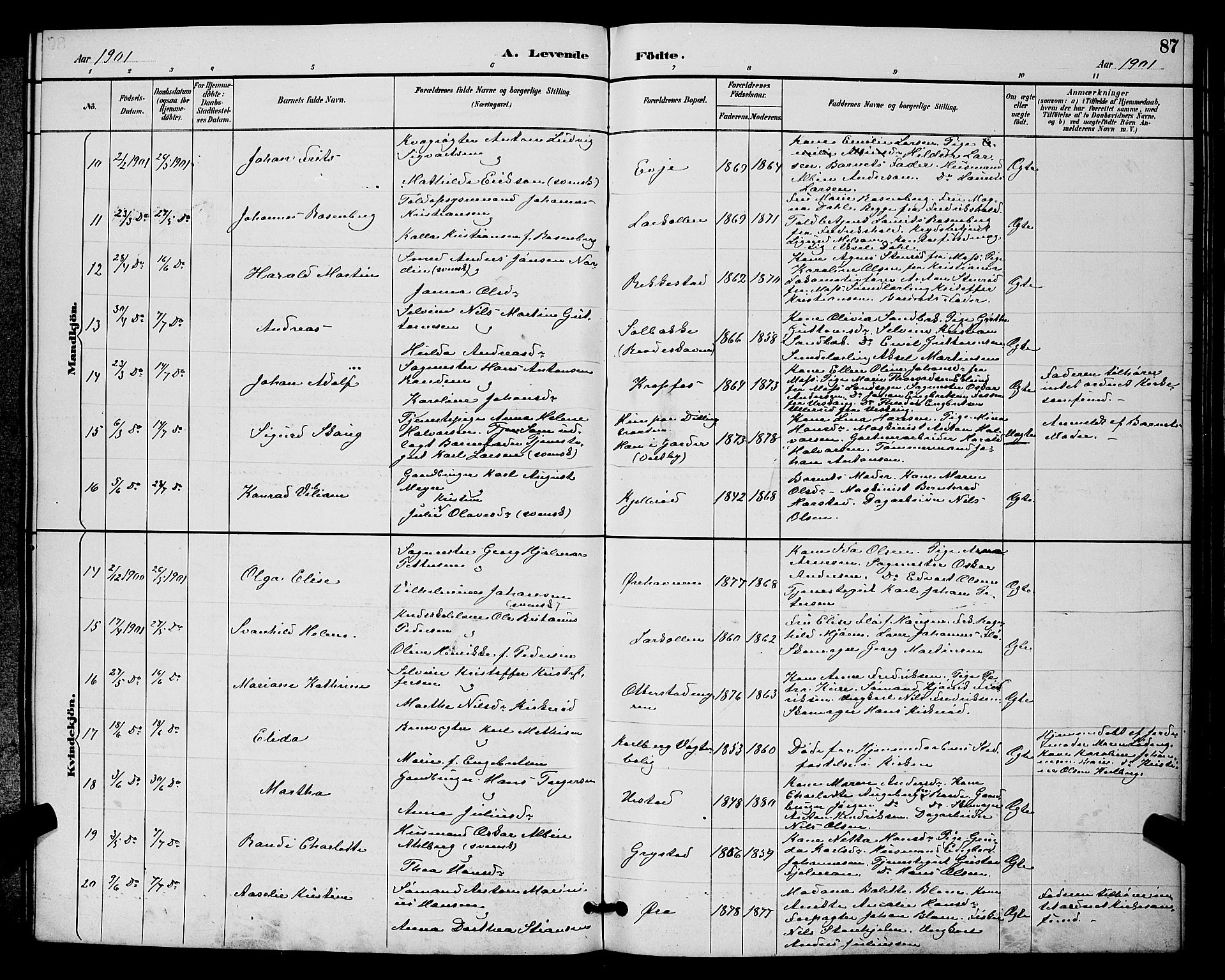 Rygge prestekontor Kirkebøker, AV/SAO-A-10084b/G/Ga/L0002: Klokkerbok nr. 2, 1887-1905, s. 87