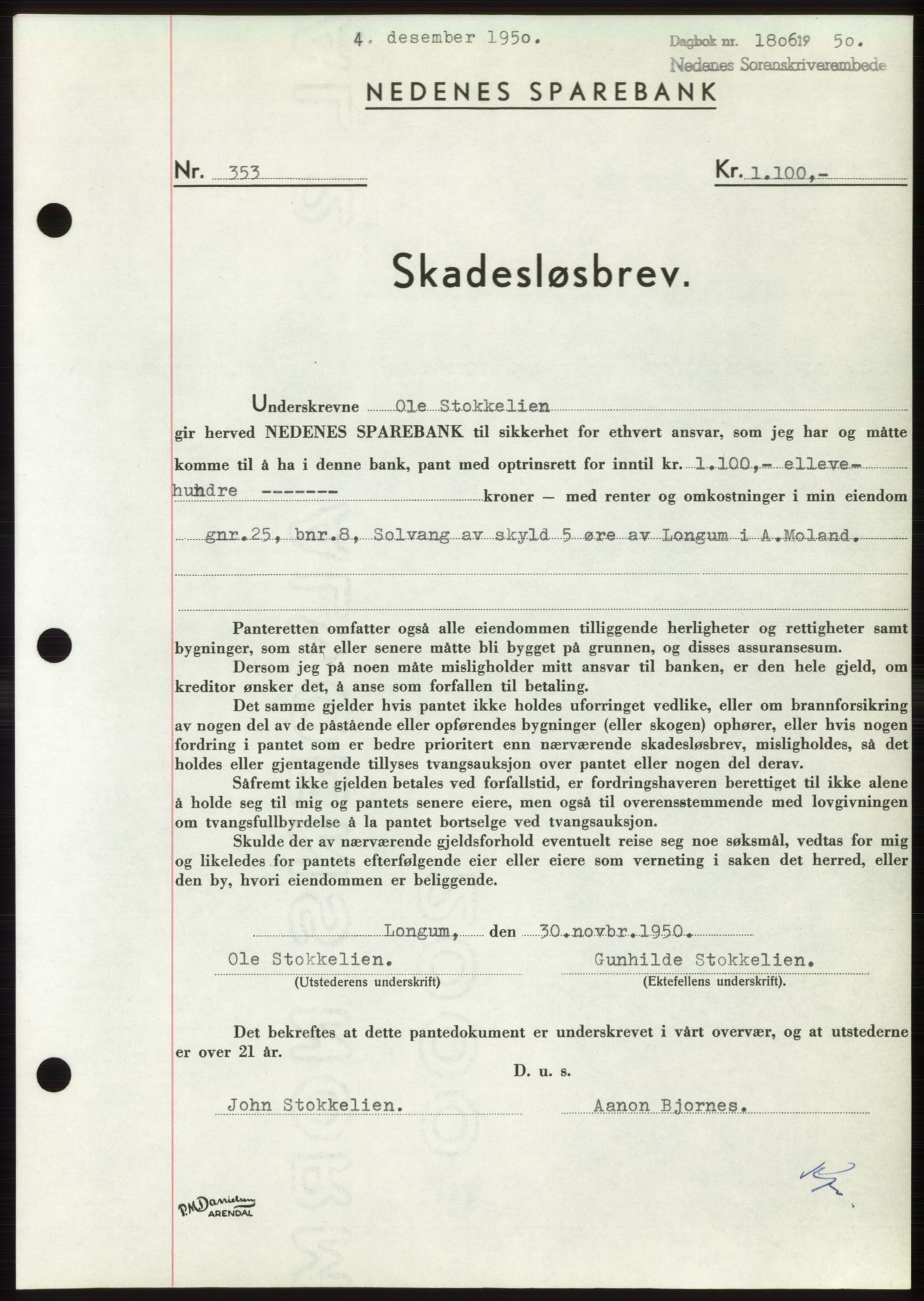 Nedenes sorenskriveri, SAK/1221-0006/G/Gb/Gbb/L0008: Pantebok nr. B8, 1950-1950, Dagboknr: 1806/1950