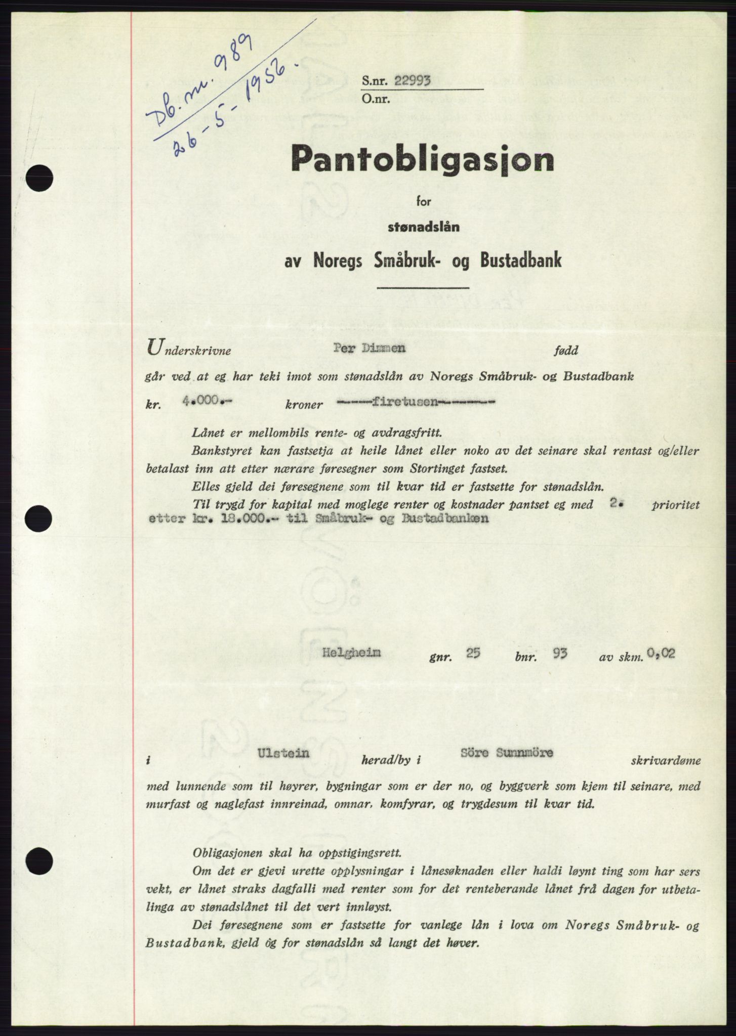 Søre Sunnmøre sorenskriveri, SAT/A-4122/1/2/2C/L0128: Pantebok nr. 16B, 1956-1956, Dagboknr: 989/1956