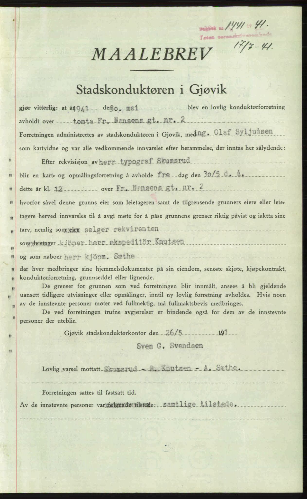 Toten tingrett, AV/SAH-TING-006/H/Hb/Hbc/L0008: Pantebok nr. Hbc-08, 1941-1941, Dagboknr: 1441/1941