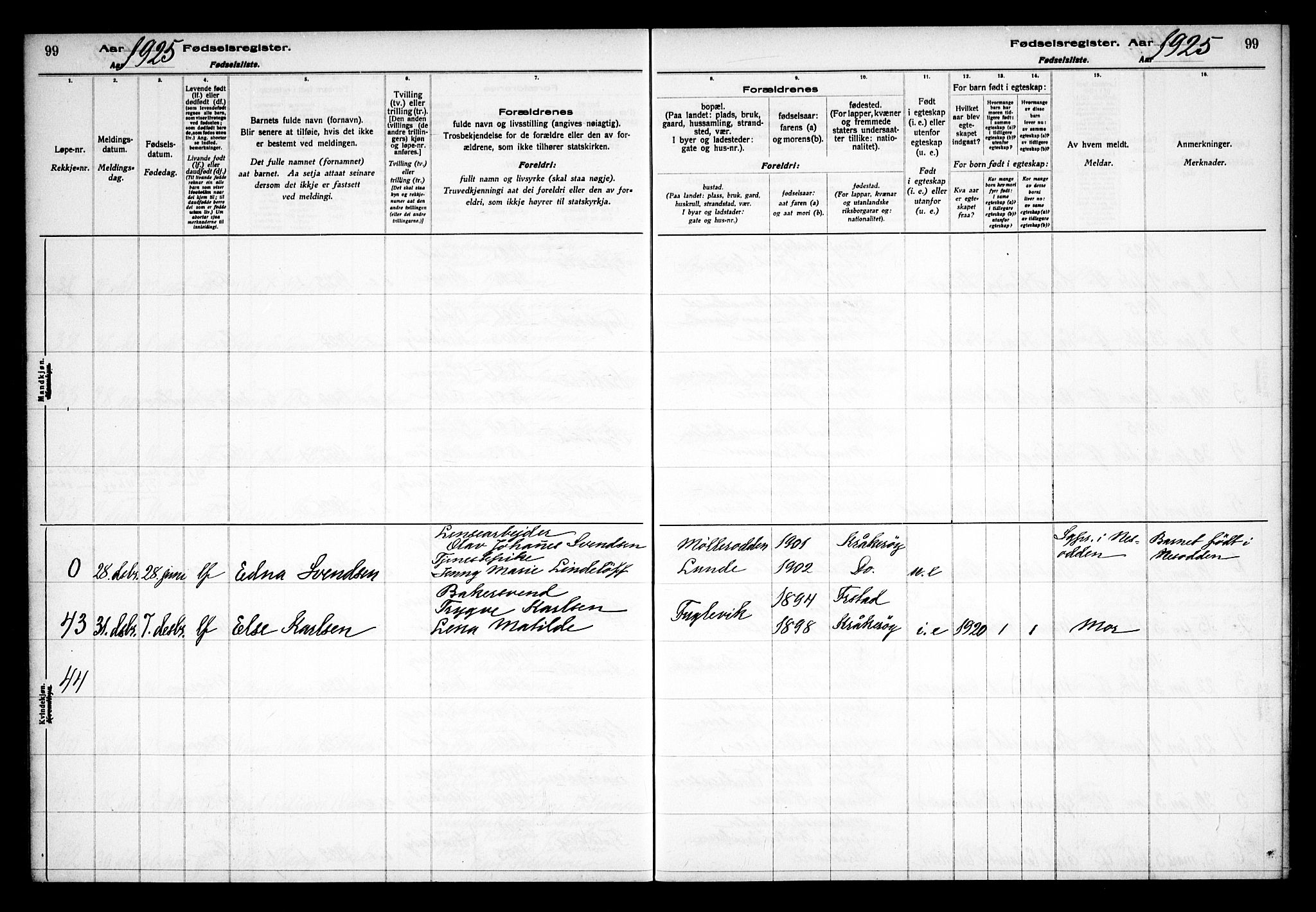 Kråkerøy prestekontor Kirkebøker, AV/SAO-A-10912/J/Ja/L0001: Fødselsregister nr. 1, 1916-1938, s. 99