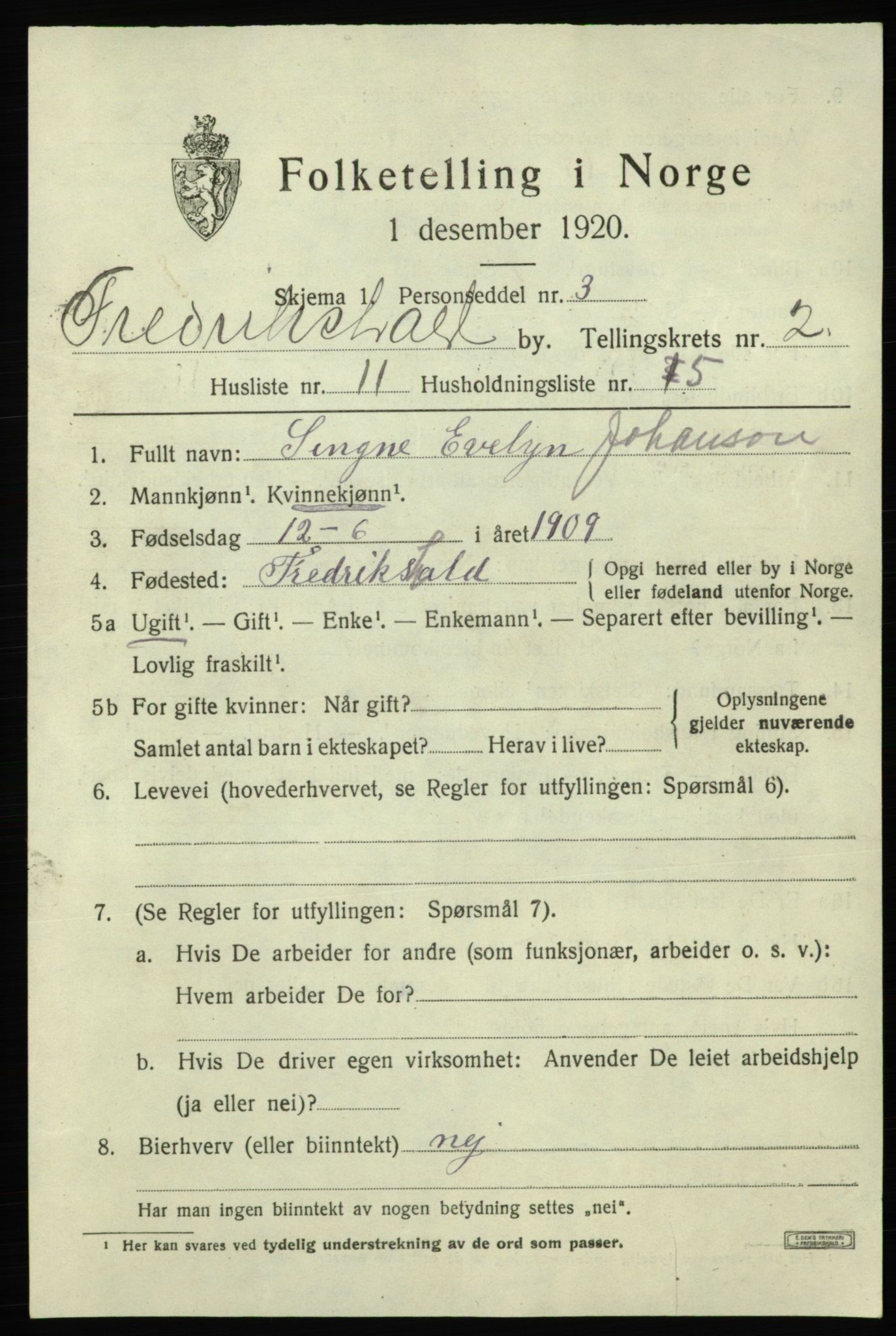 SAO, Folketelling 1920 for 0101 Fredrikshald kjøpstad, 1920, s. 9490
