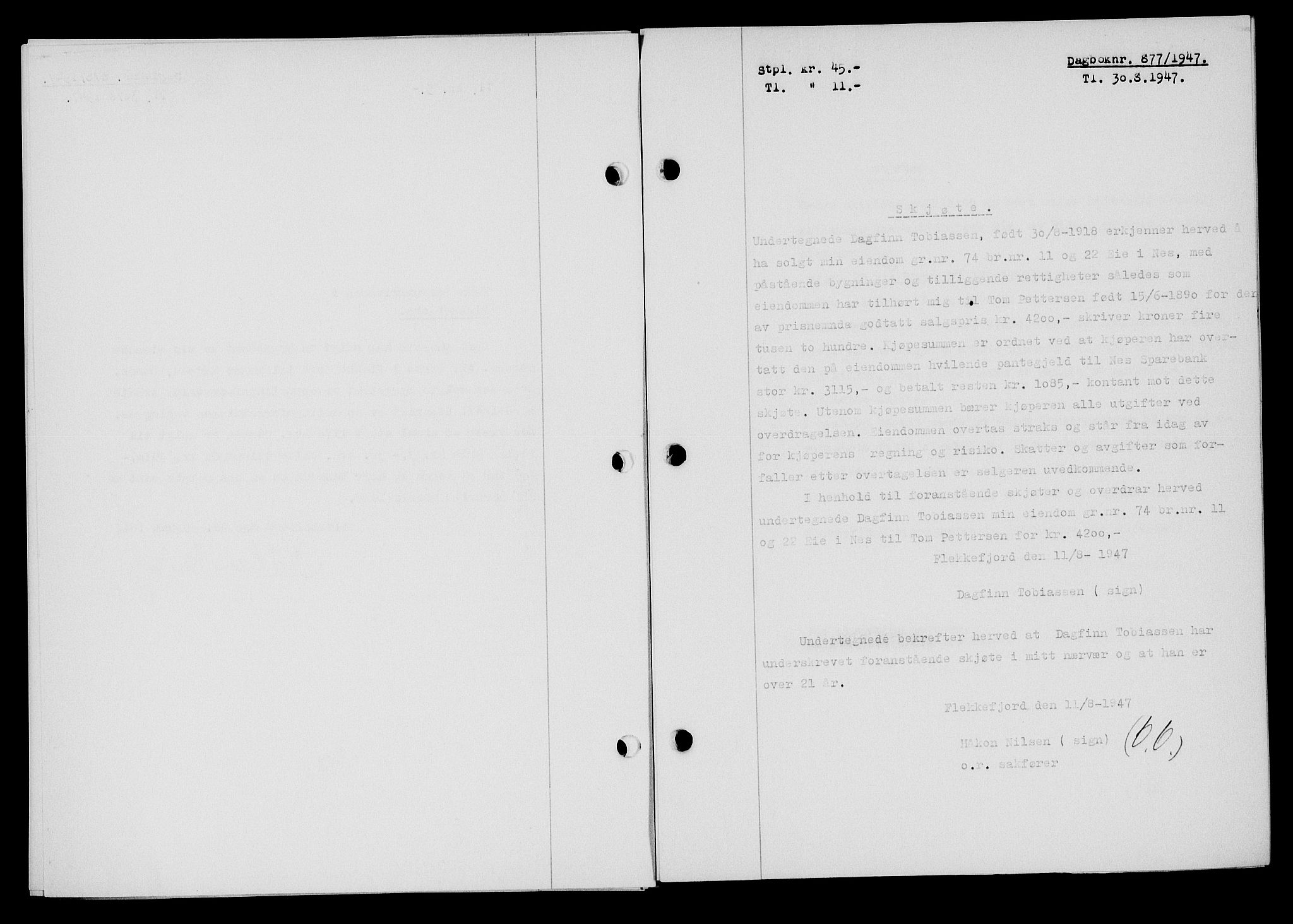 Flekkefjord sorenskriveri, SAK/1221-0001/G/Gb/Gba/L0062: Pantebok nr. A-10, 1947-1947, Dagboknr: 877/1947