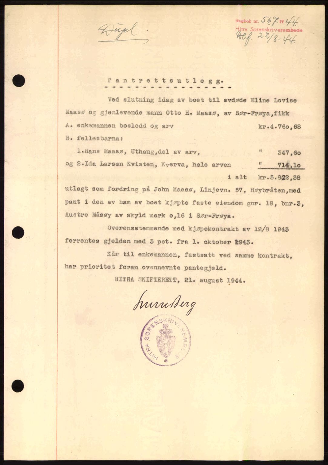Hitra sorenskriveri, AV/SAT-A-0018/2/2C/2Ca: Pantebok nr. B1, 1939-1949, Dagboknr: 567/1944