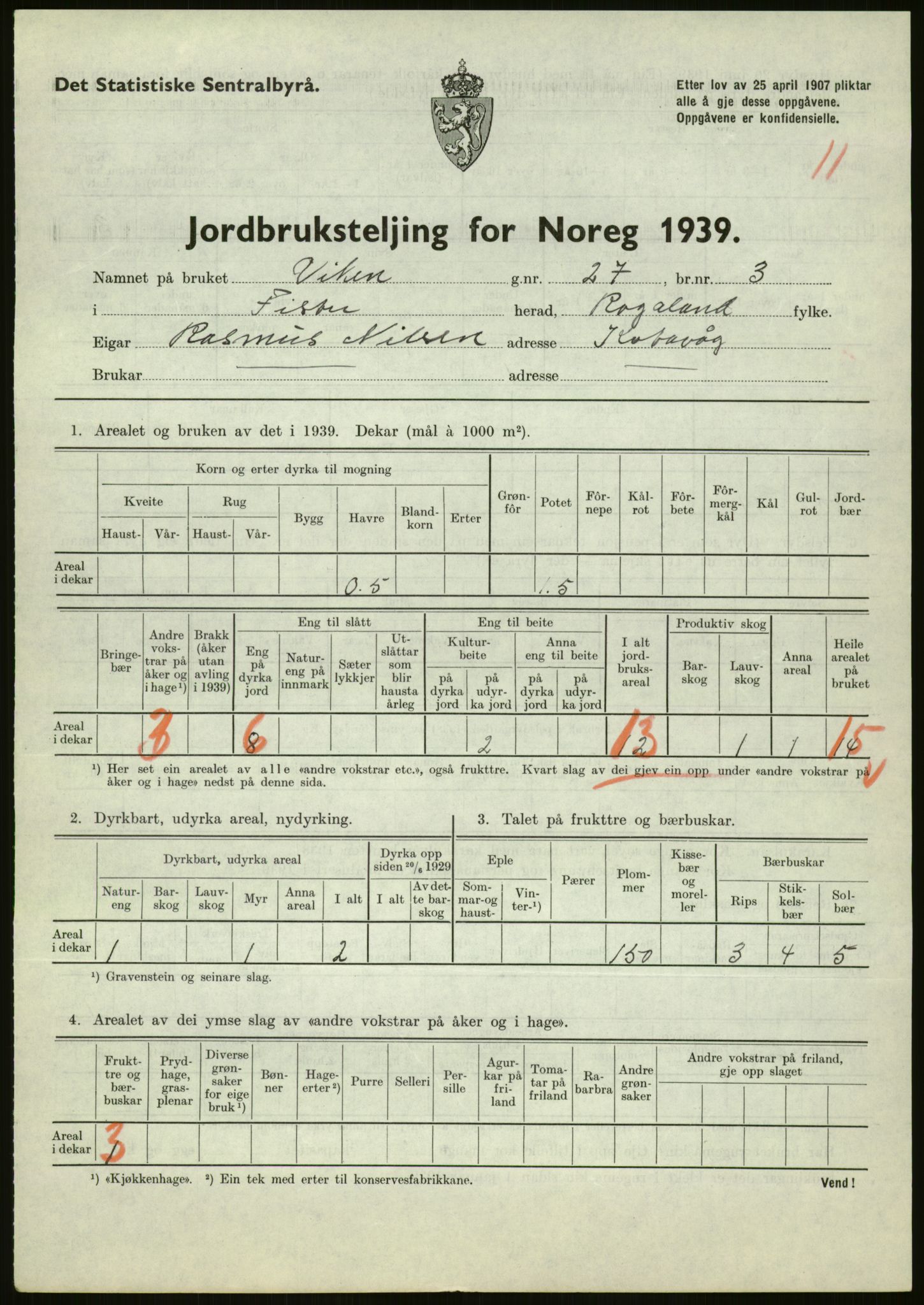 Statistisk sentralbyrå, Næringsøkonomiske emner, Jordbruk, skogbruk, jakt, fiske og fangst, AV/RA-S-2234/G/Gb/L0184: Rogaland: Årdal, Fister og Hjelmeland, 1939, s. 185