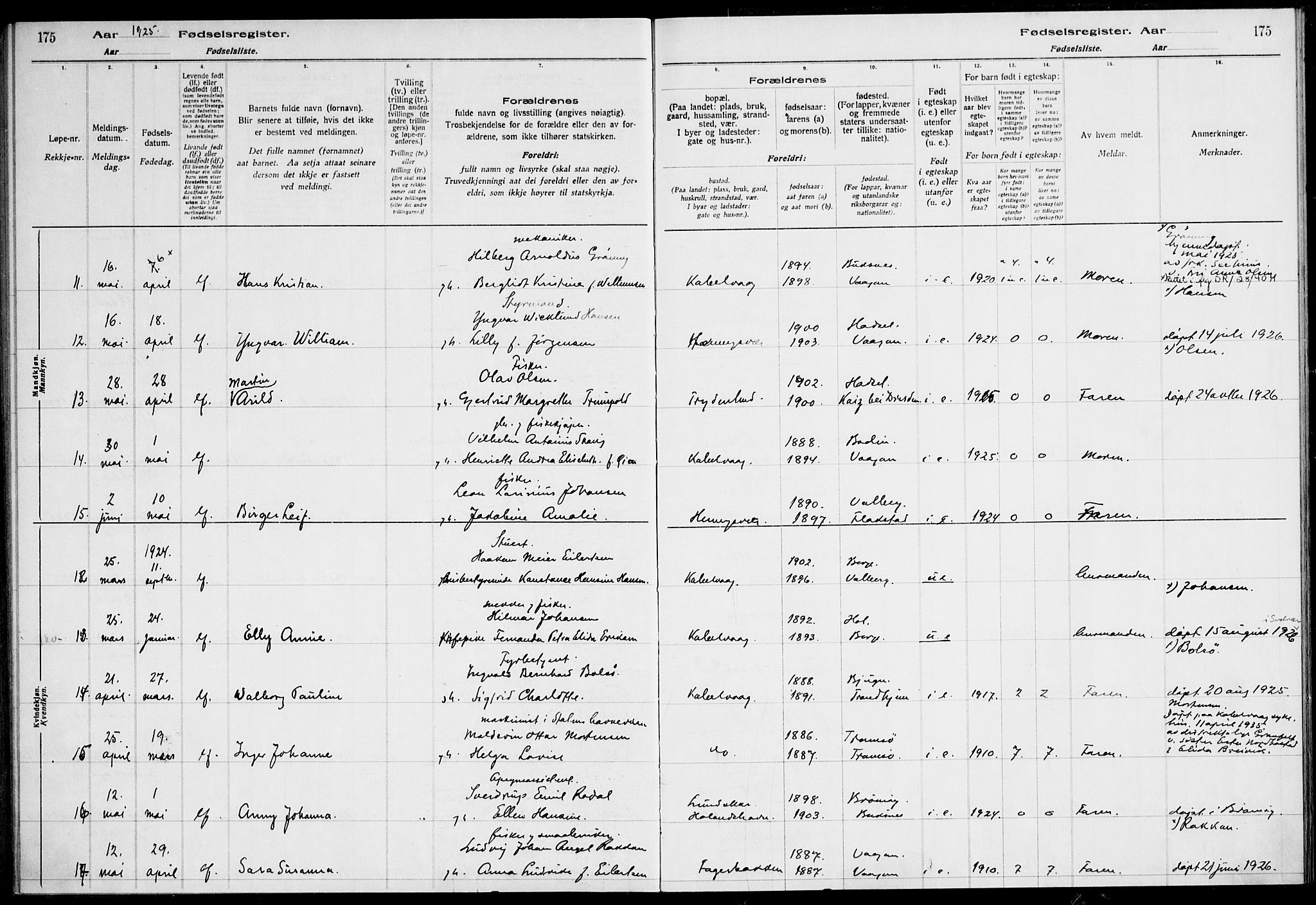 Ministerialprotokoller, klokkerbøker og fødselsregistre - Nordland, AV/SAT-A-1459/874/L1089: Fødselsregister nr. 874.II.4.1, 1916-1926, s. 175