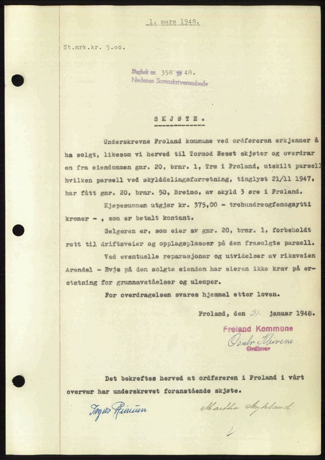 Nedenes sorenskriveri, AV/SAK-1221-0006/G/Gb/Gba/L0059: Pantebok nr. A11, 1948-1948, Dagboknr: 358/1948