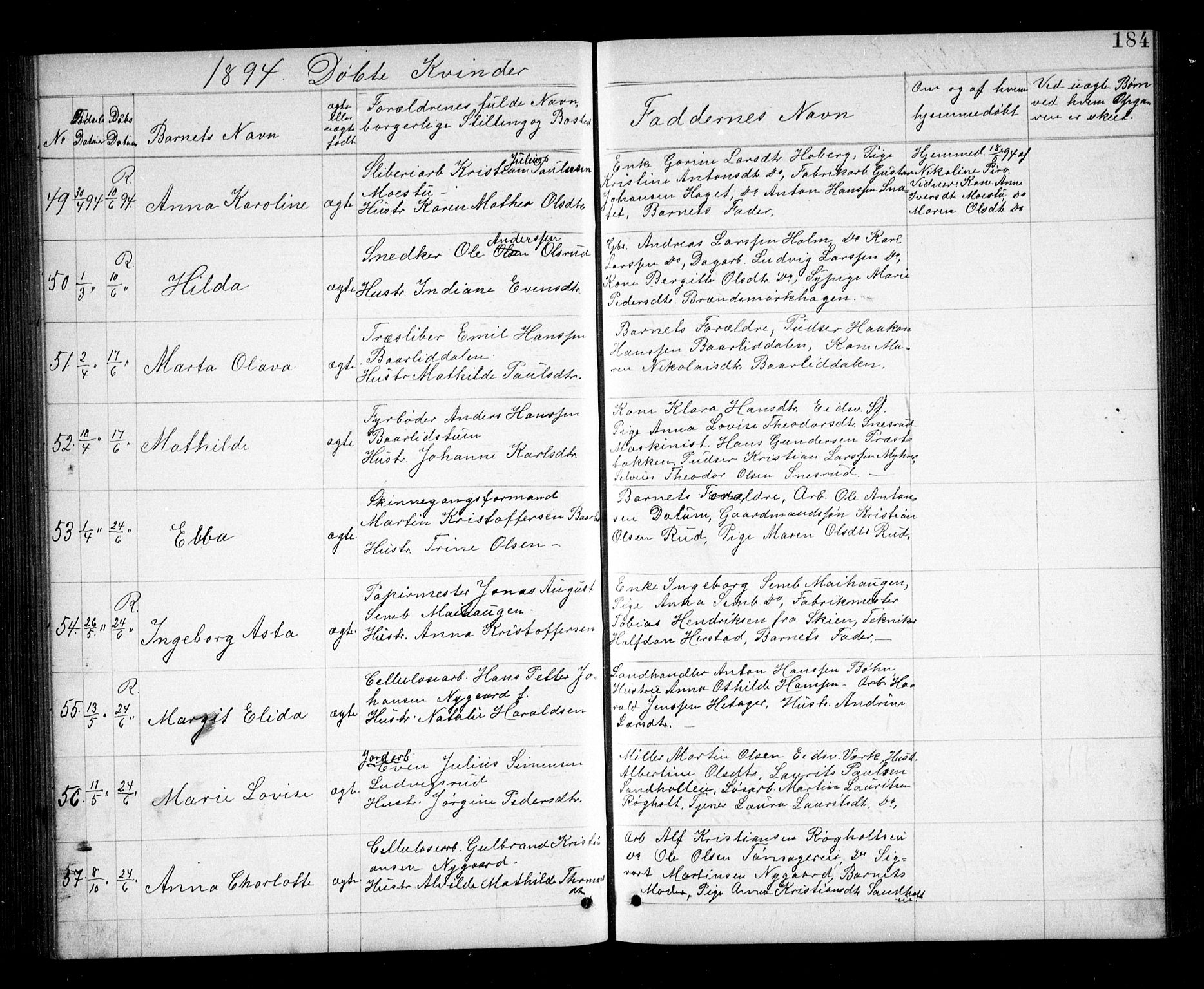 Eidsvoll prestekontor Kirkebøker, AV/SAO-A-10888/G/Ga/L0005: Klokkerbok nr. I 5, 1884-1894, s. 184