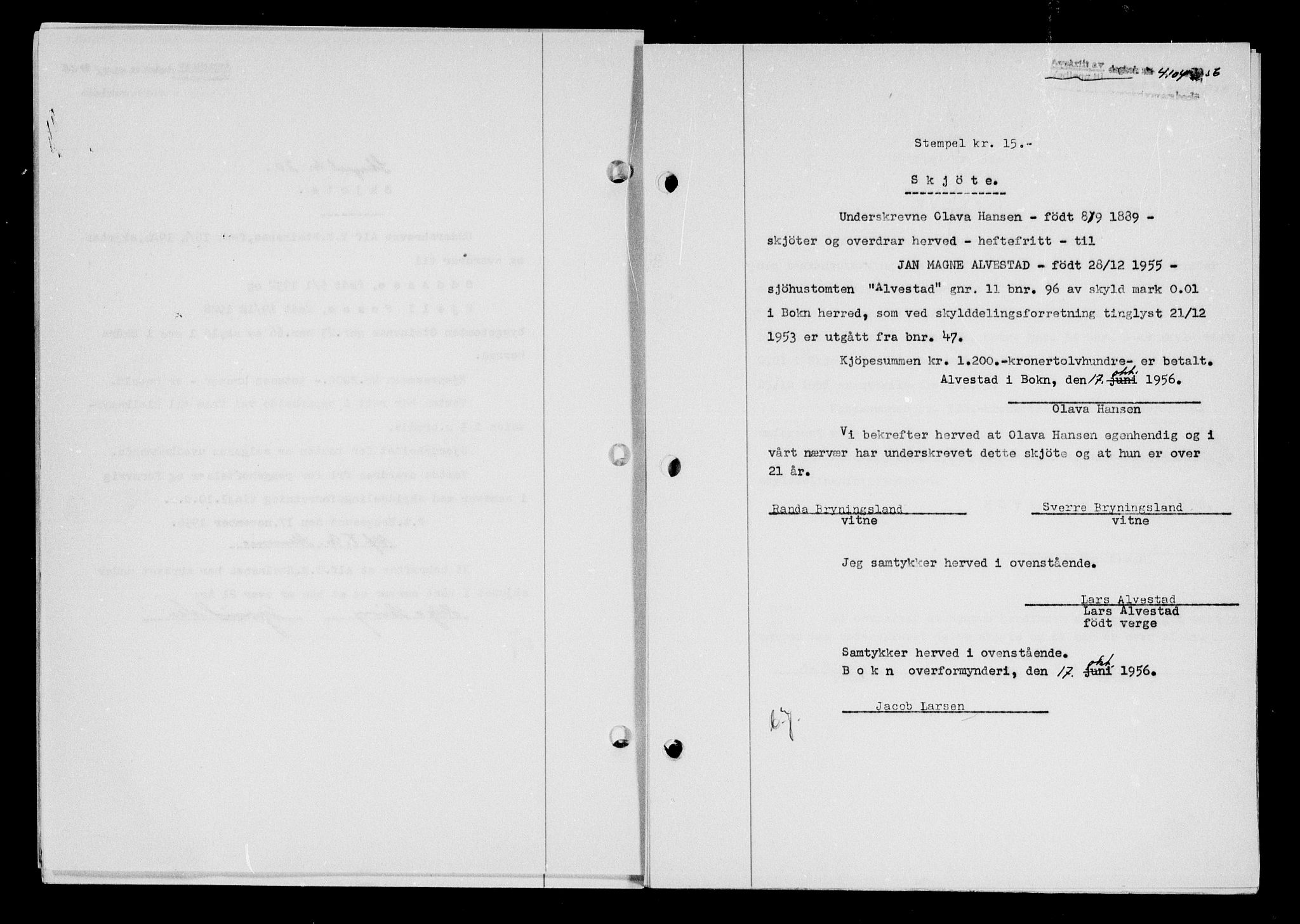 Karmsund sorenskriveri, SAST/A-100311/01/II/IIB/L0122: Pantebok nr. 102A, 1956-1956, Dagboknr: 4104/1956