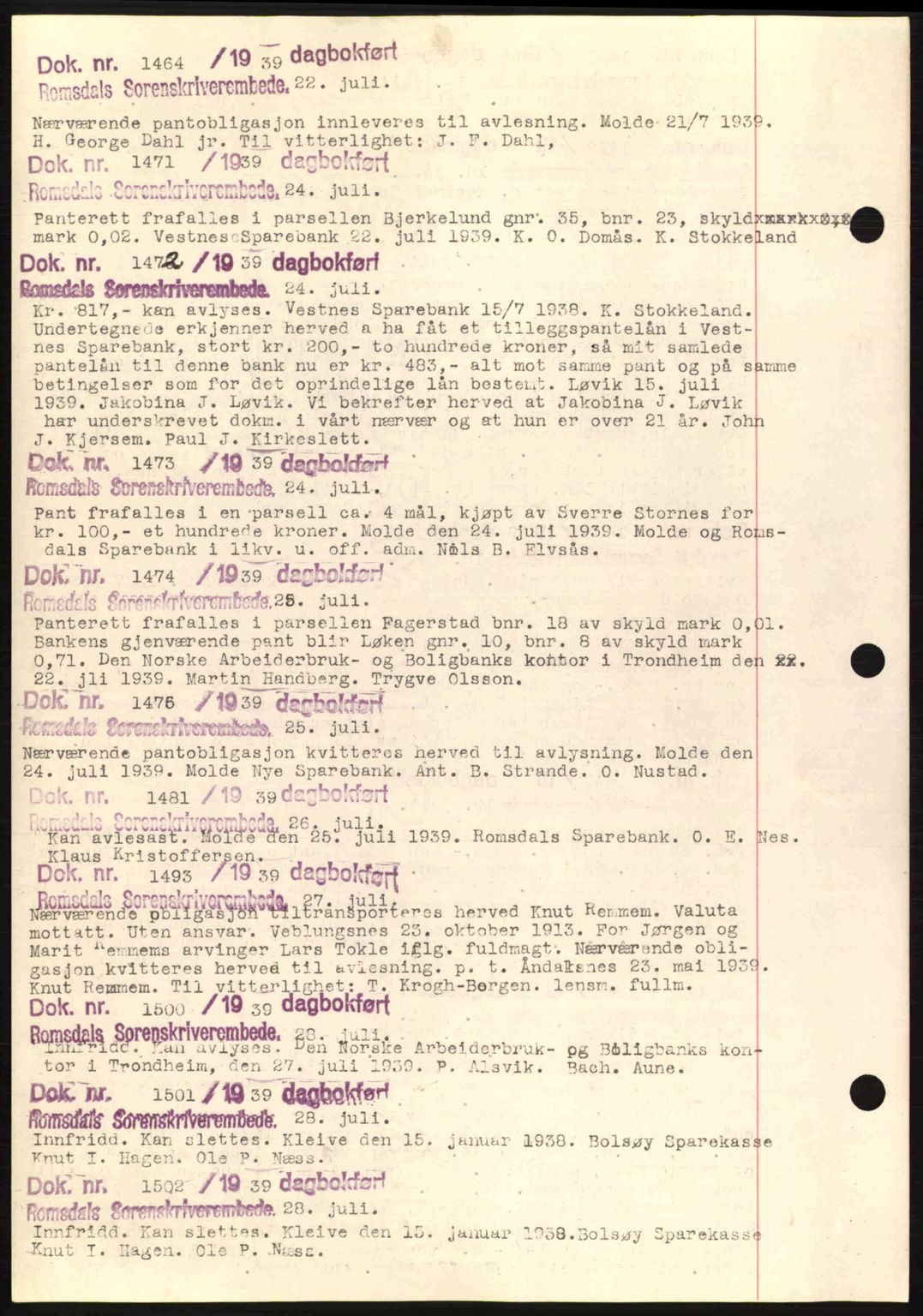 Romsdal sorenskriveri, AV/SAT-A-4149/1/2/2C: Pantebok nr. C1a, 1936-1945, Dagboknr: 1464/1939