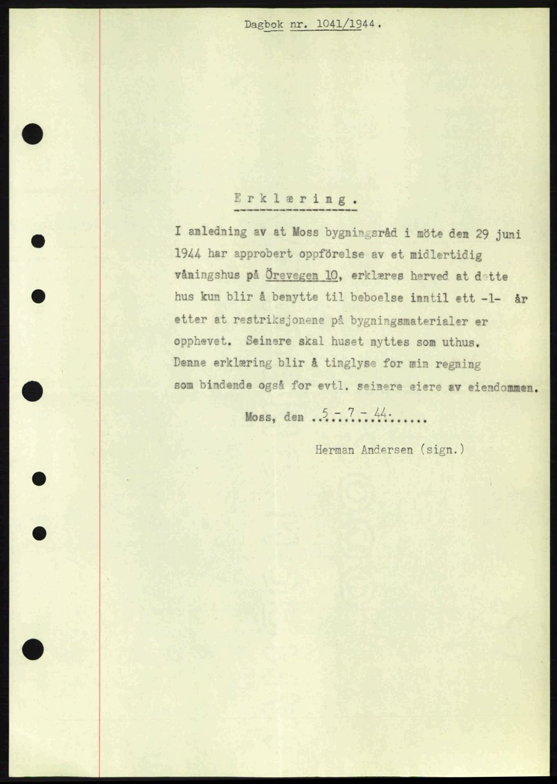Moss sorenskriveri, SAO/A-10168: Pantebok nr. A12, 1943-1944, Dagboknr: 1041/1944