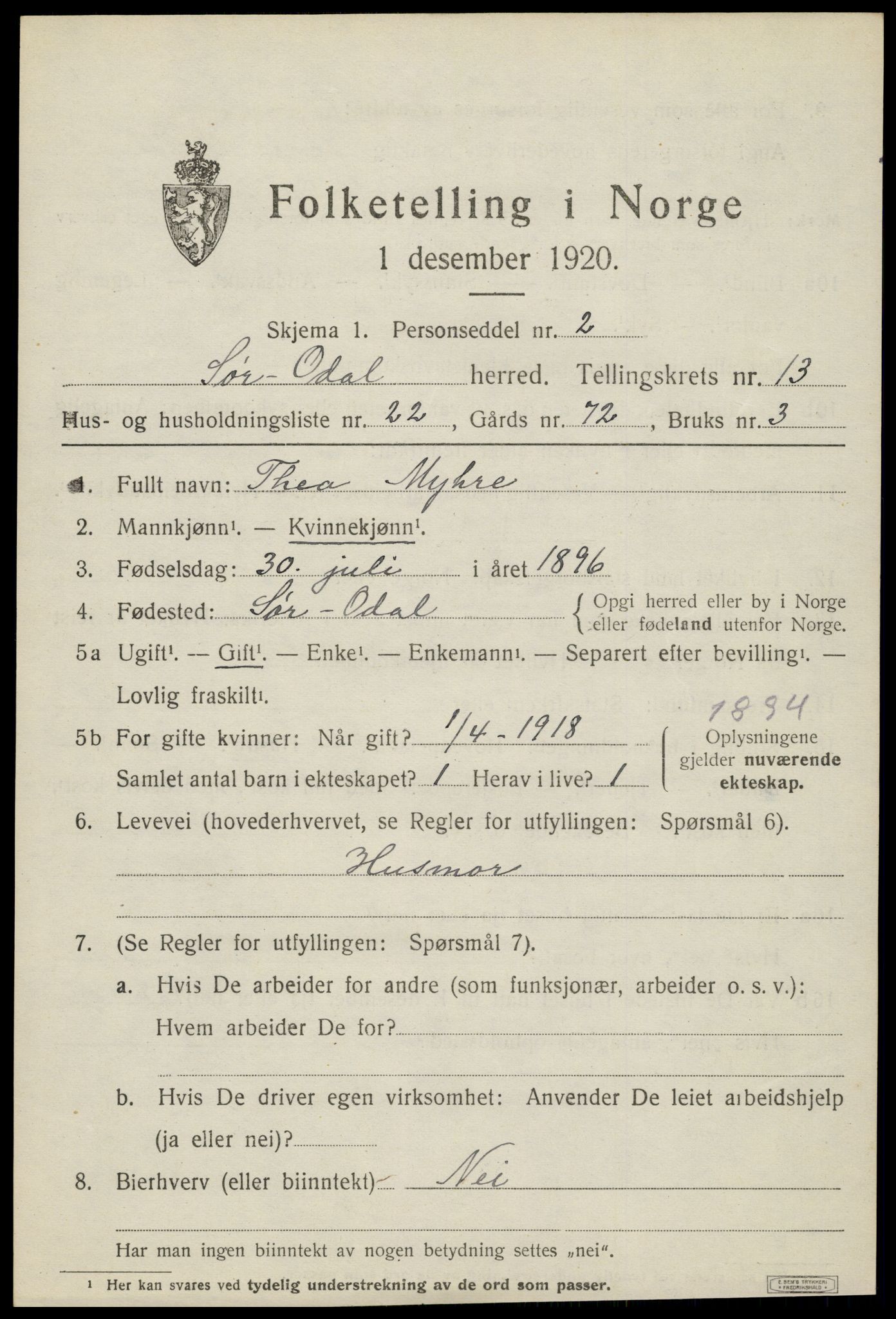 SAH, Folketelling 1920 for 0419 Sør-Odal herred, 1920, s. 13211