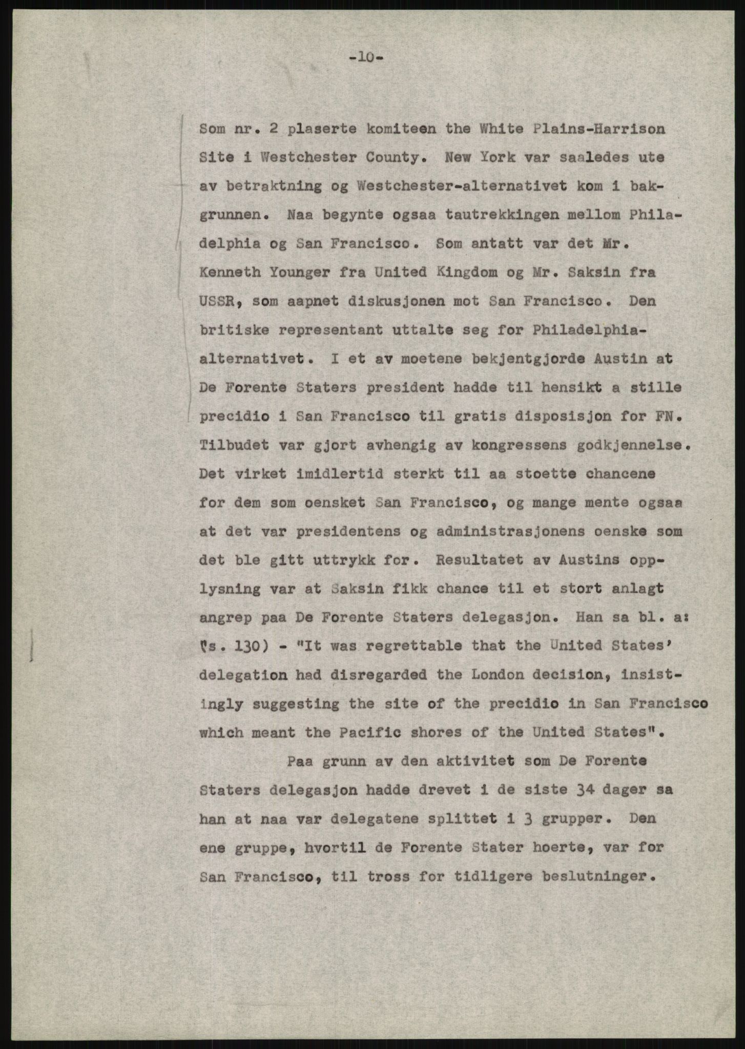 Lie, Trygve, AV/RA-PA-1407/D/L0020/0007: Utkast og manuskripter til "In the cause of Peace"/"Syv år for freden". / Manuskript til kap. 7, "Permanent headquarter". udatert., 1954