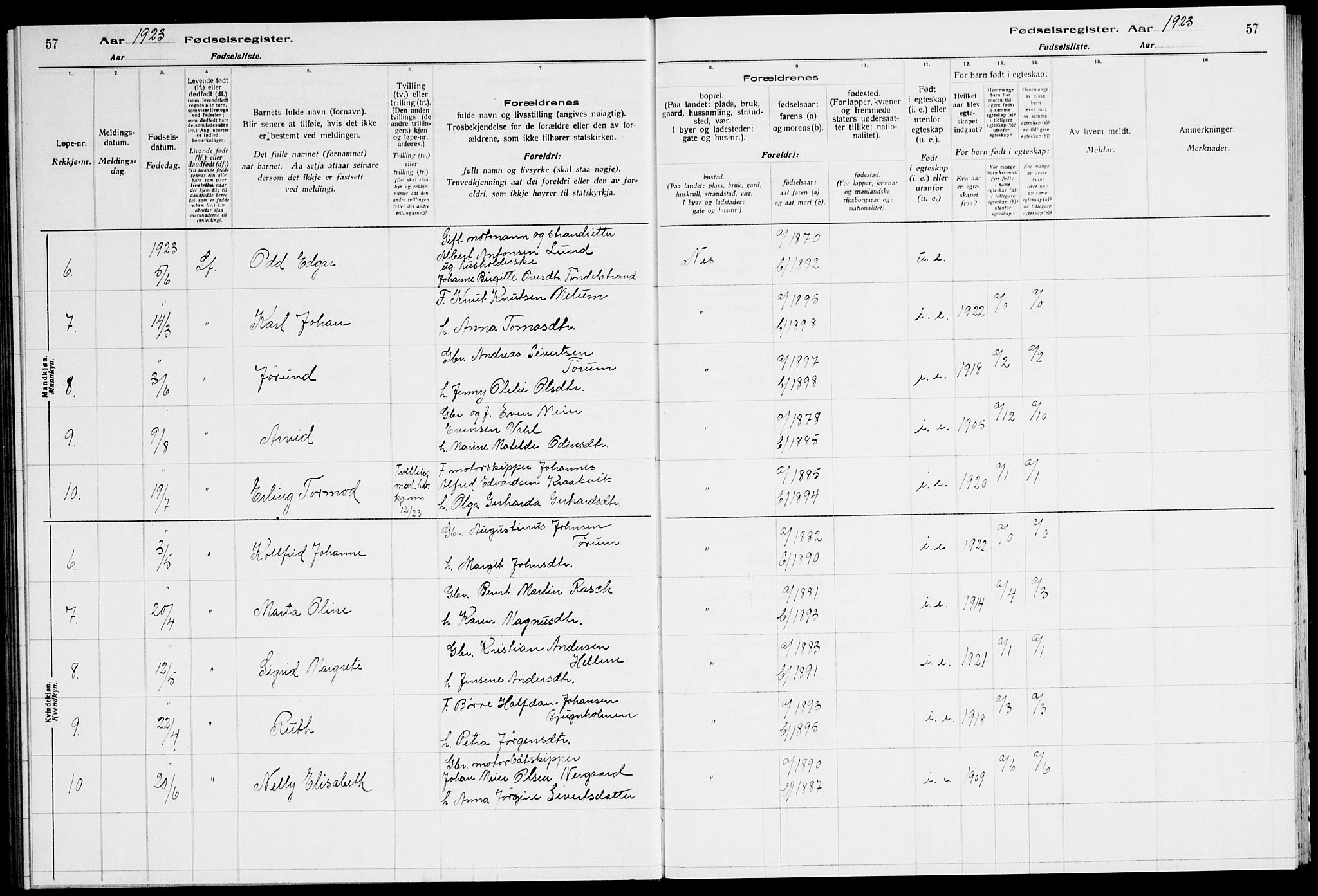 Ministerialprotokoller, klokkerbøker og fødselsregistre - Sør-Trøndelag, SAT/A-1456/651/L0650: Fødselsregister nr. 651.II.4.1, 1916-1923, s. 57