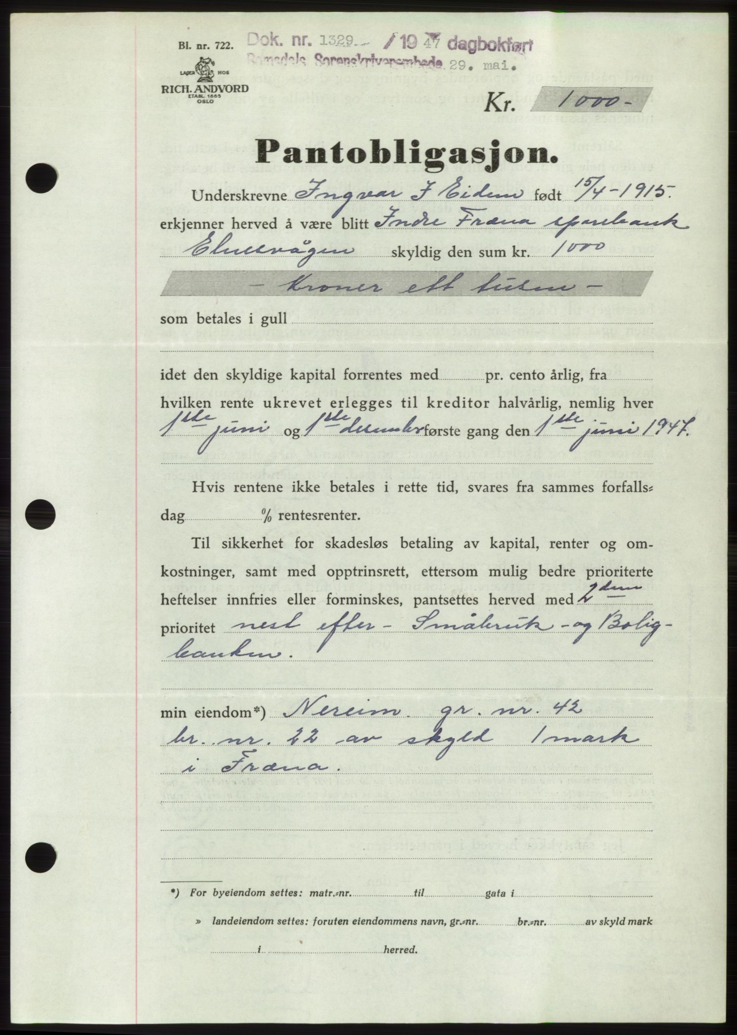 Romsdal sorenskriveri, SAT/A-4149/1/2/2C: Pantebok nr. B3, 1946-1948, Dagboknr: 1329/1947