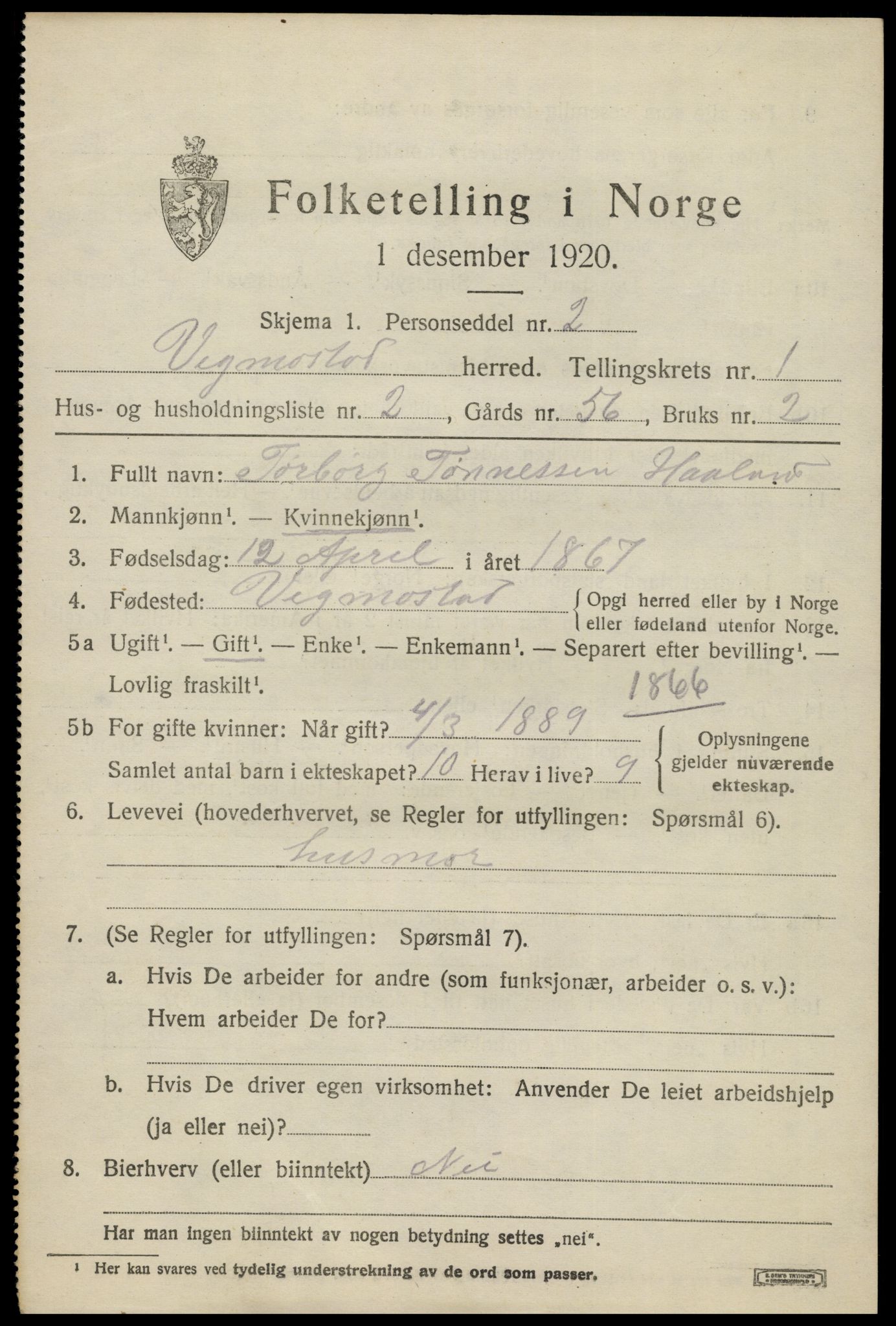 SAK, Folketelling 1920 for 1028 Vigmostad herred, 1920, s. 433