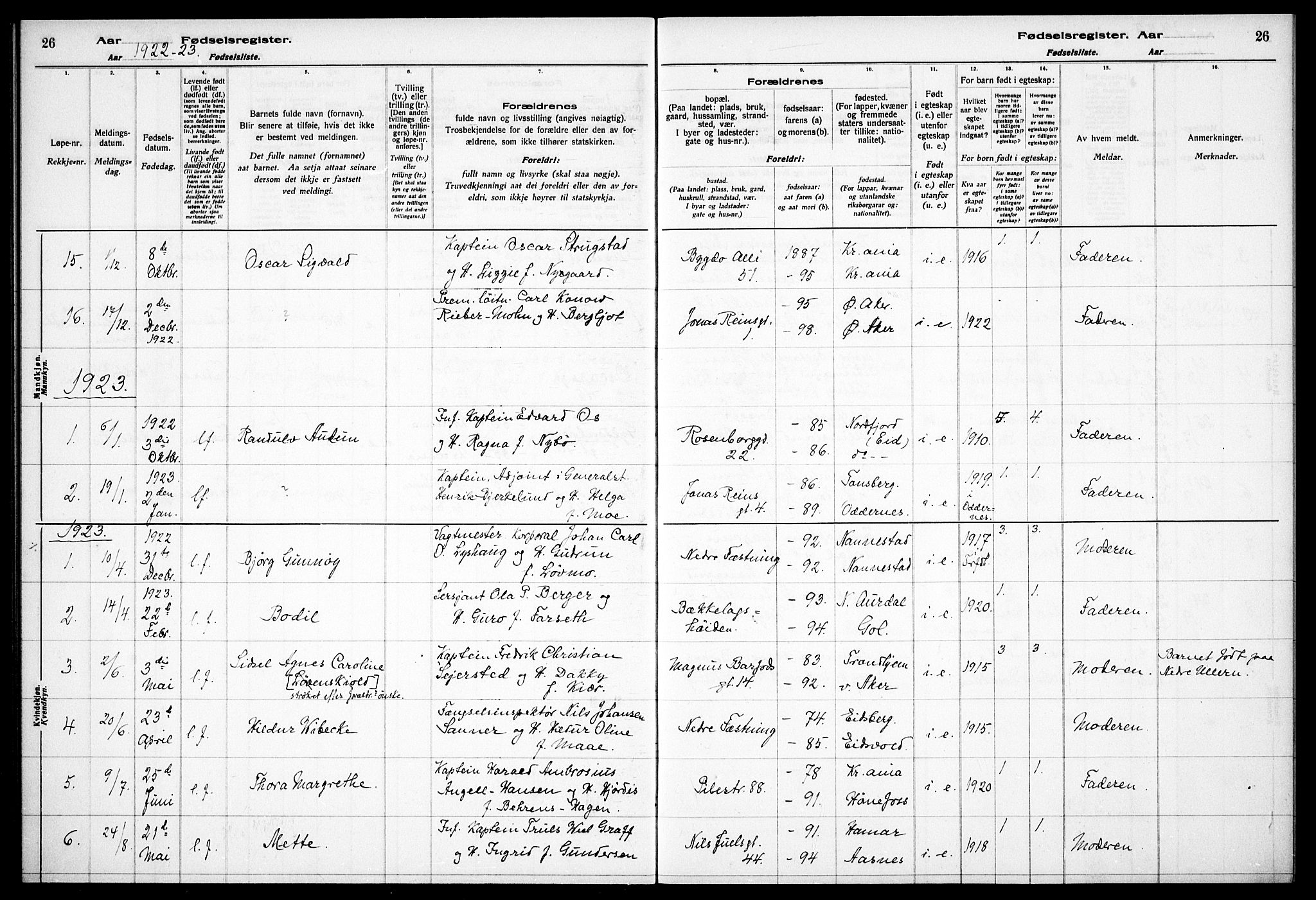 Garnisonsmenigheten Kirkebøker, AV/SAO-A-10846/J/Ja/L0001: Fødselsregister nr. 1, 1916-1938, s. 26