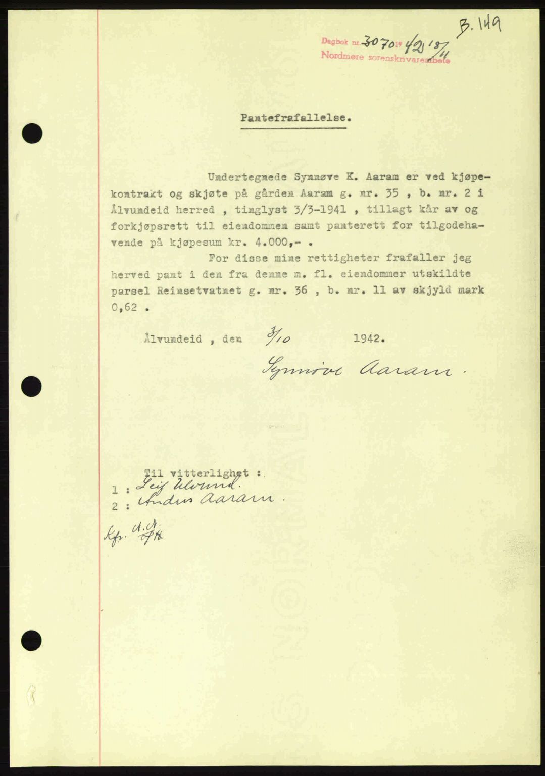 Nordmøre sorenskriveri, SAT/A-4132/1/2/2Ca: Pantebok nr. B90, 1942-1943, Dagboknr: 3070/1942