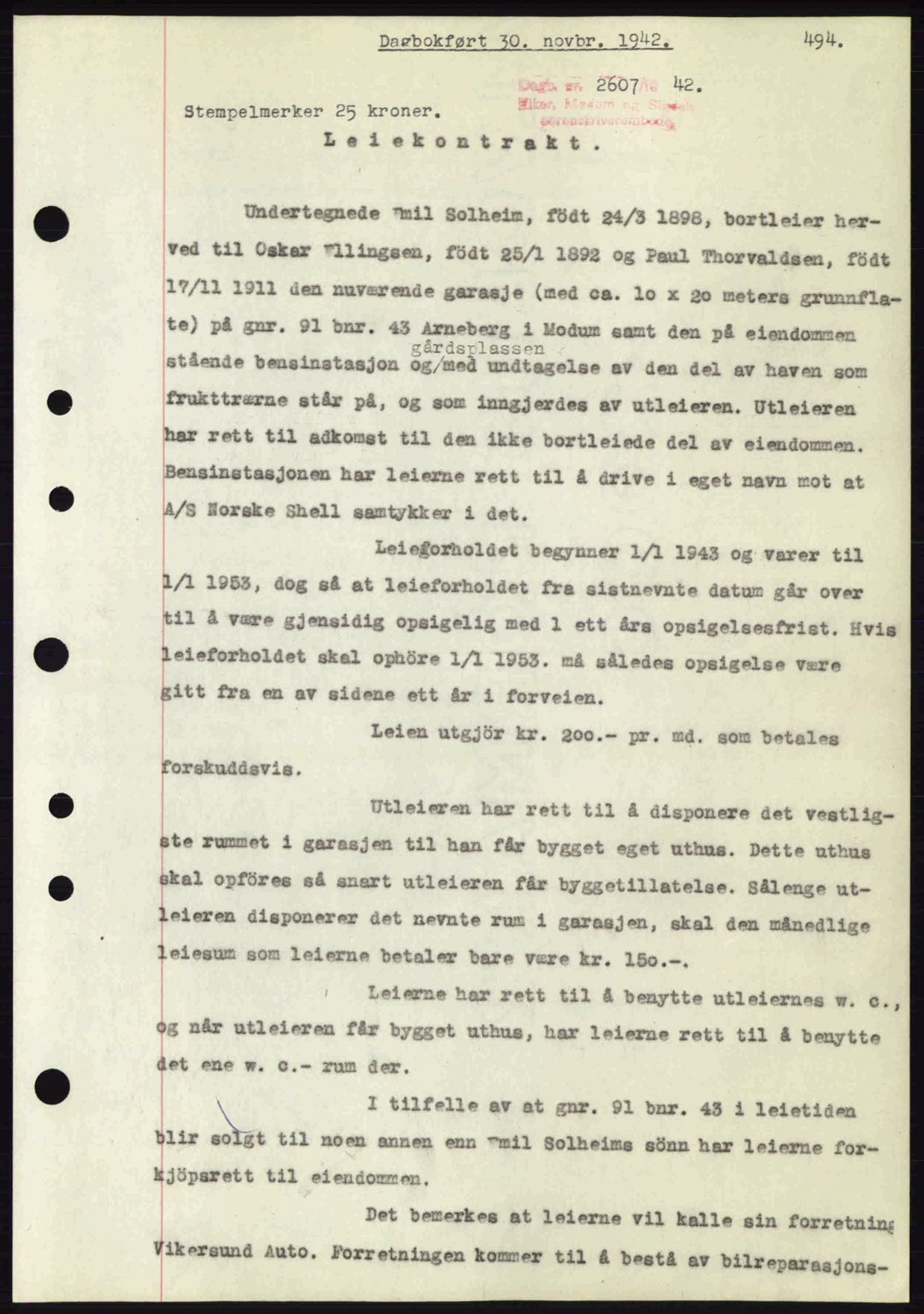 Eiker, Modum og Sigdal sorenskriveri, SAKO/A-123/G/Ga/Gab/L0047: Pantebok nr. A17, 1942-1943, Dagboknr: 2607/1942