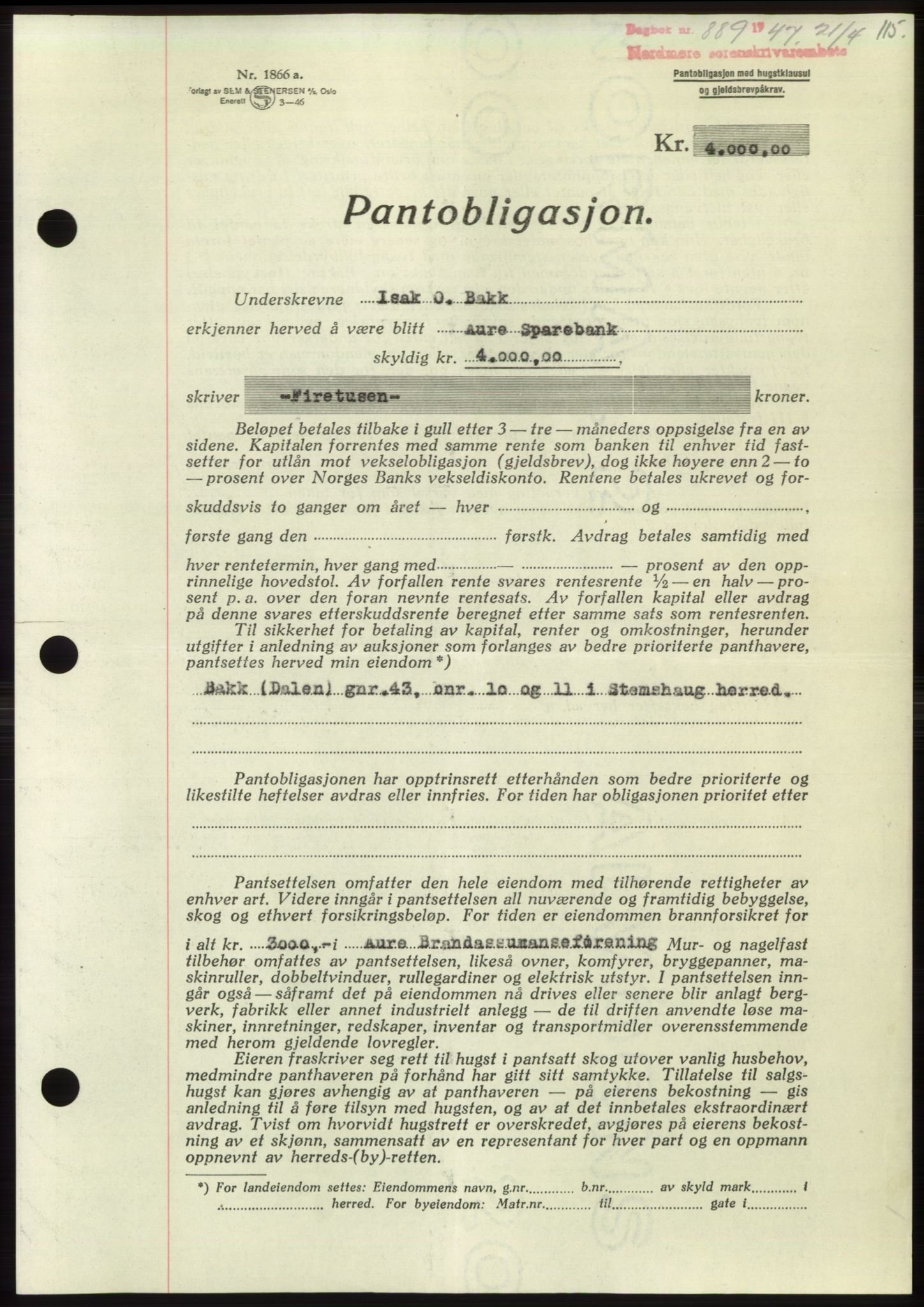 Nordmøre sorenskriveri, AV/SAT-A-4132/1/2/2Ca: Pantebok nr. B96, 1947-1947, Dagboknr: 889/1947