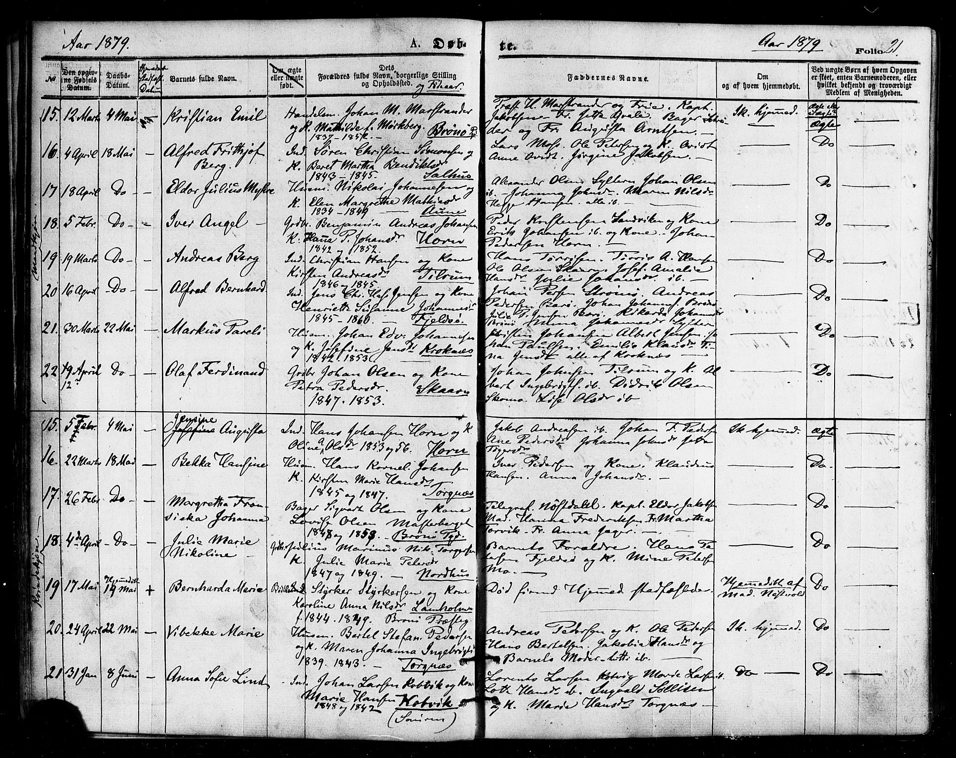 Ministerialprotokoller, klokkerbøker og fødselsregistre - Nordland, AV/SAT-A-1459/813/L0199: Ministerialbok nr. 813A09, 1875-1885, s. 21