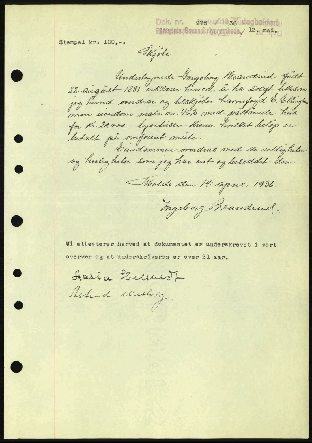Romsdal sorenskriveri, SAT/A-4149/1/2/2C: Pantebok nr. A1, 1936-1936, Dagboknr: 976/1936