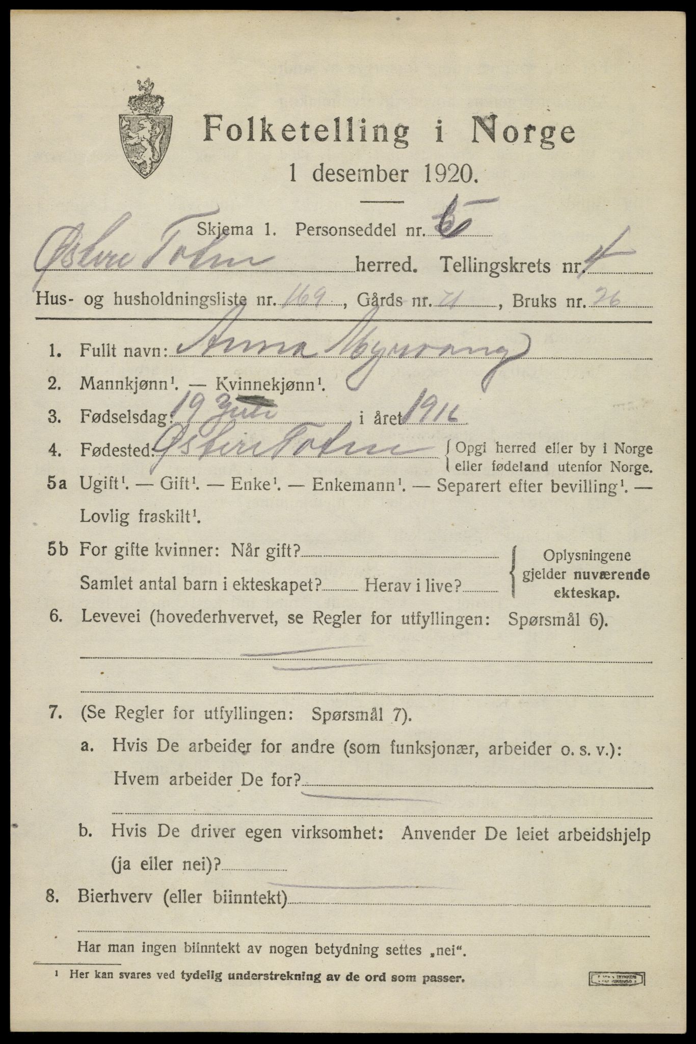 SAH, Folketelling 1920 for 0528 Østre Toten herred, 1920, s. 10492