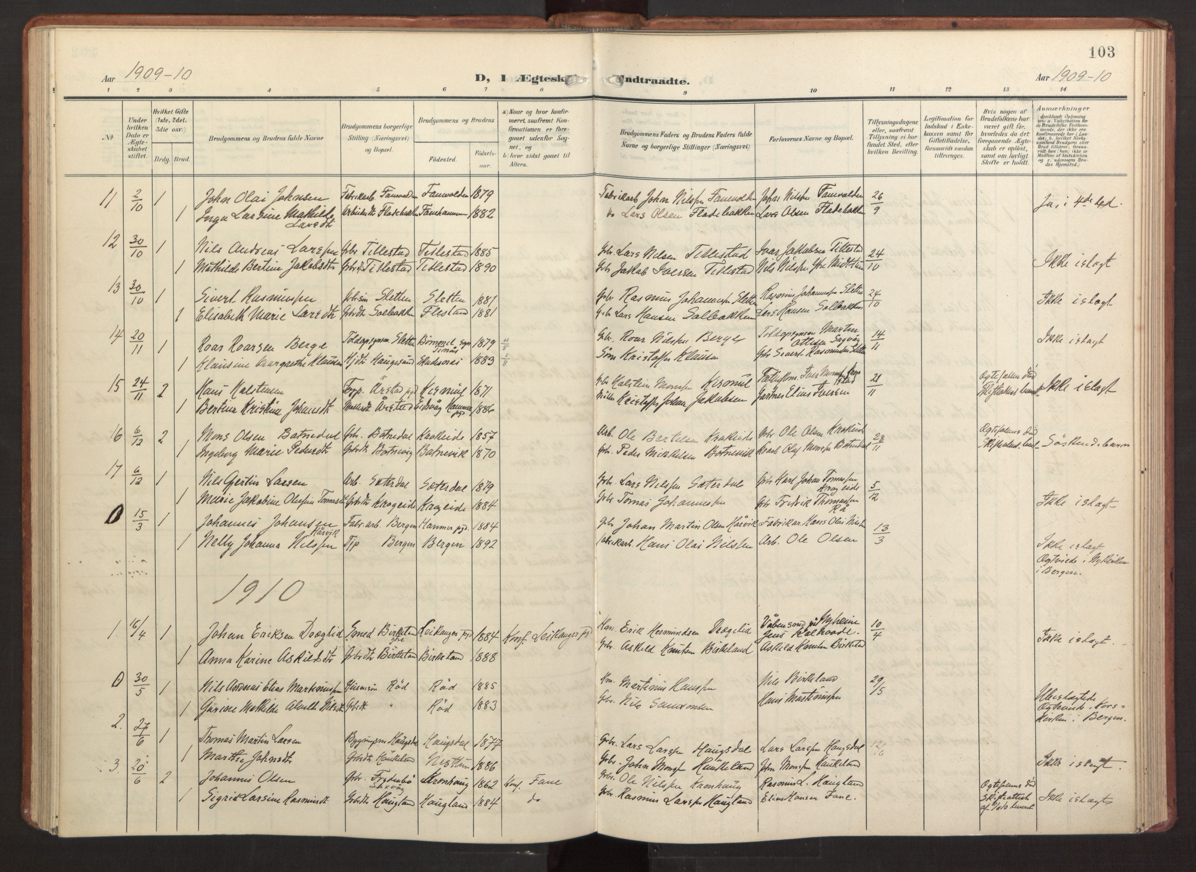 Fana Sokneprestembete, SAB/A-75101/H/Haa/Haab/L0004: Ministerialbok nr. B 4, 1908-1915, s. 103