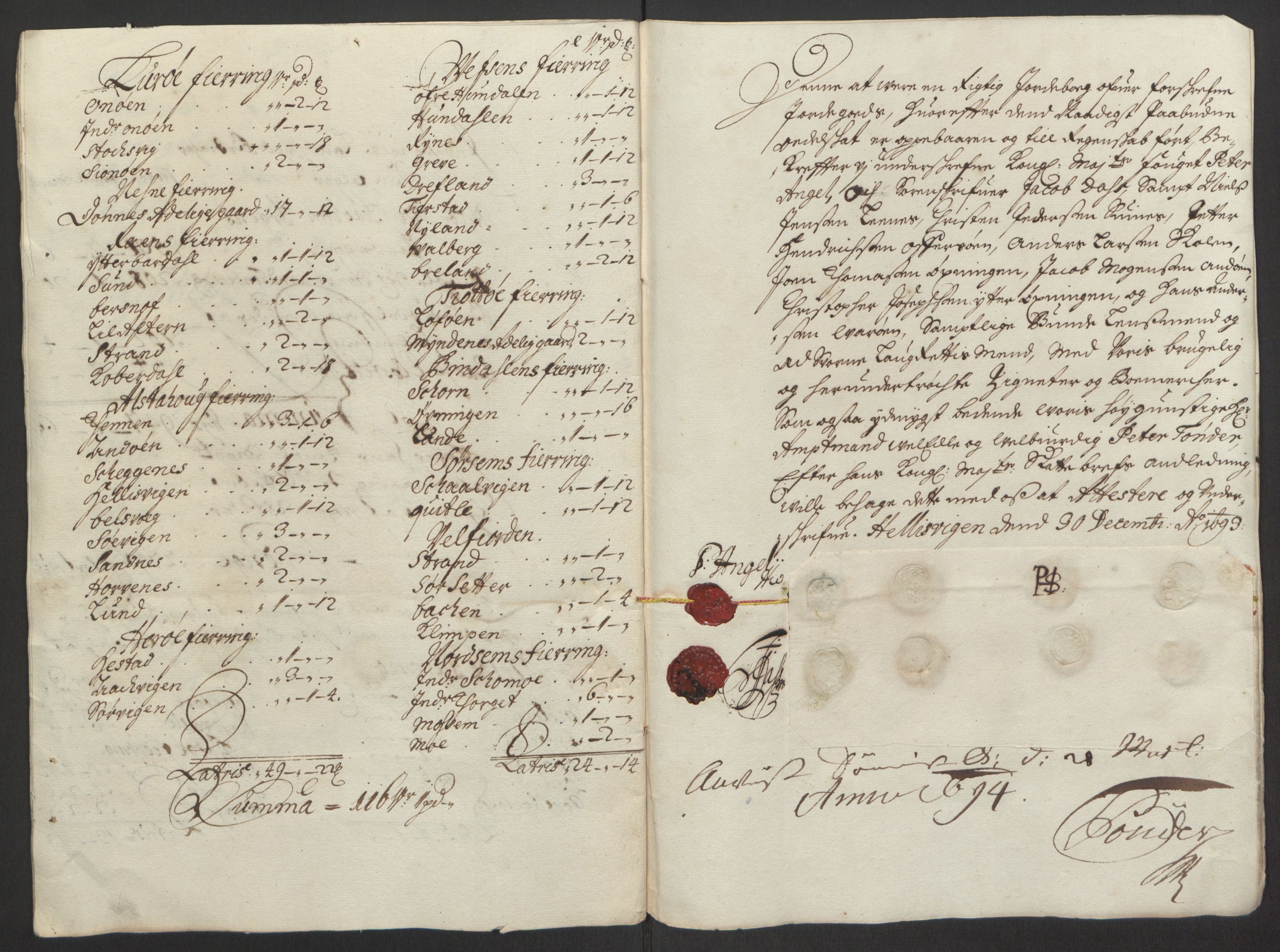Rentekammeret inntil 1814, Reviderte regnskaper, Fogderegnskap, RA/EA-4092/R65/L4505: Fogderegnskap Helgeland, 1693-1696, s. 88