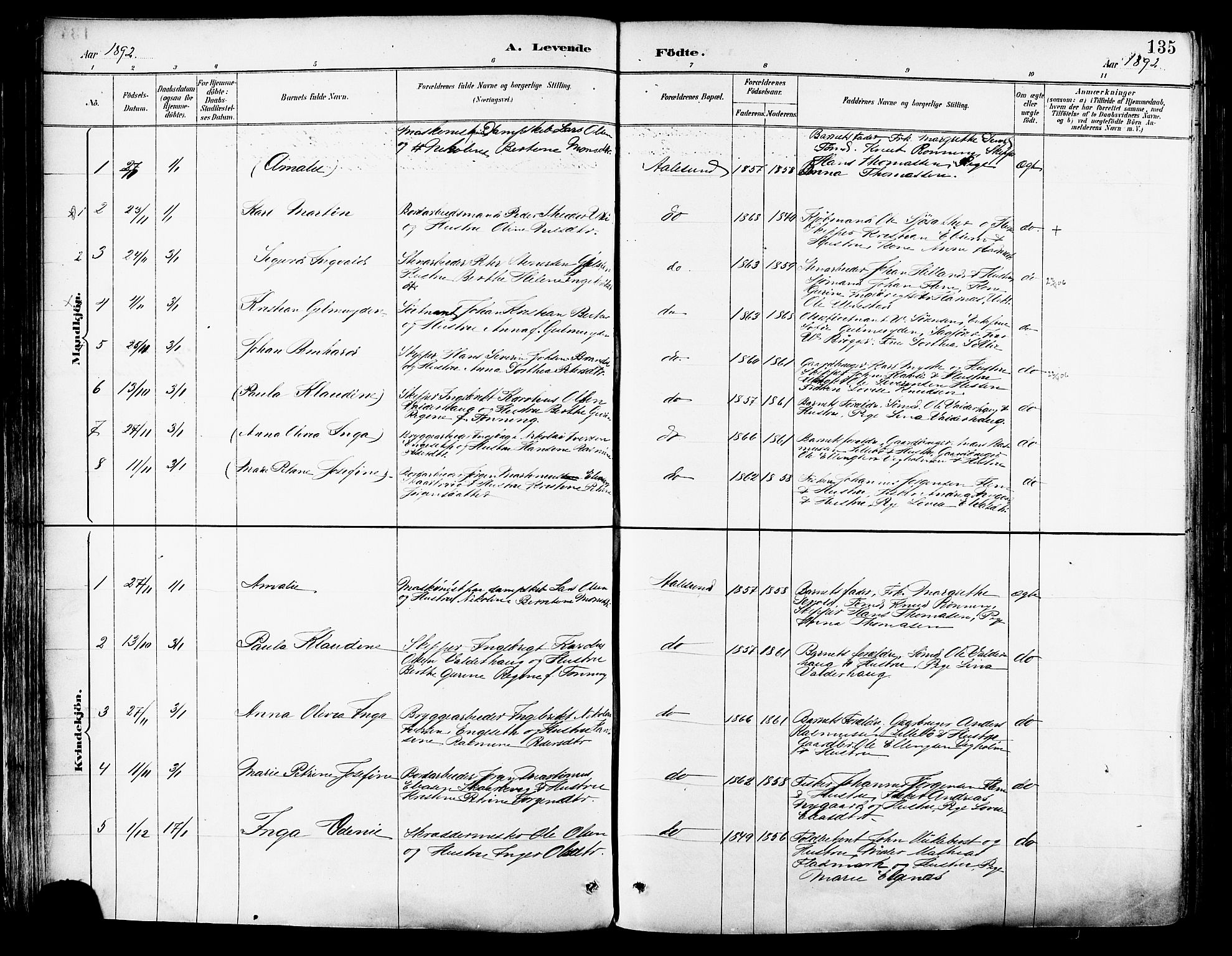 Ministerialprotokoller, klokkerbøker og fødselsregistre - Møre og Romsdal, SAT/A-1454/529/L0455: Ministerialbok nr. 529A05, 1885-1893, s. 135