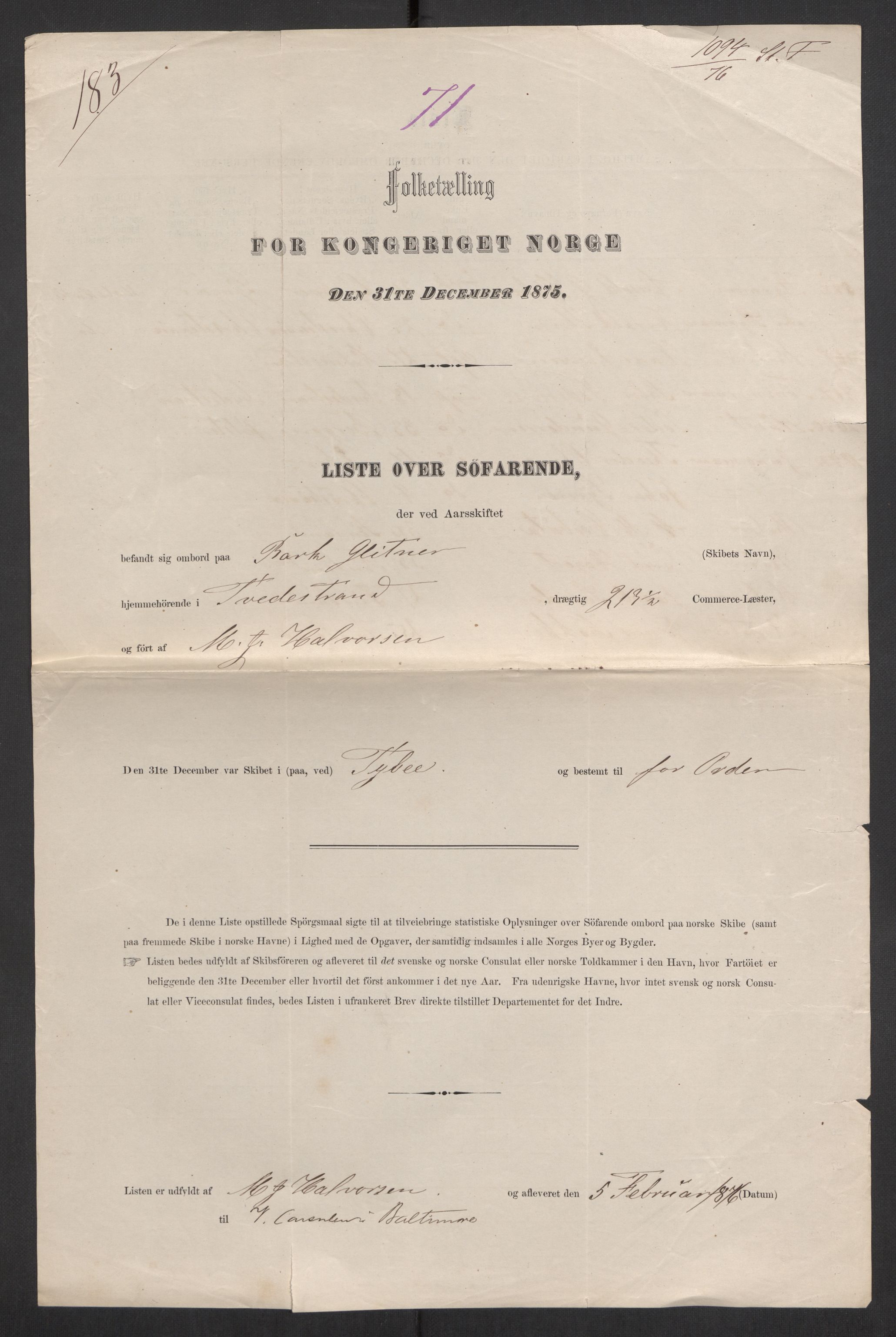 RA, Folketelling 1875, skipslister: Skip i utenrikske havner, hjemmehørende i byer og ladesteder, Fredrikshald - Arendal, 1875, s. 1090