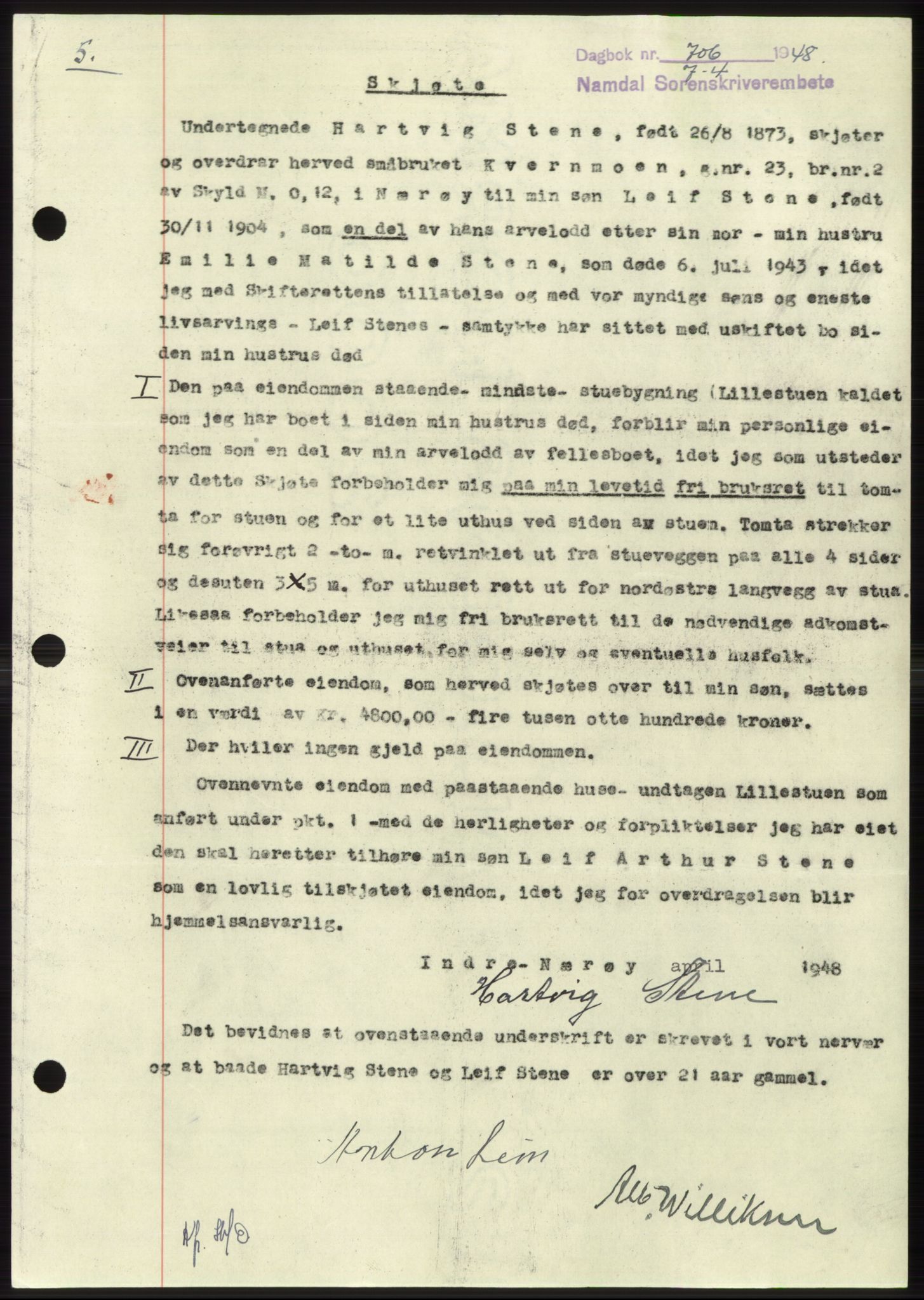 Namdal sorenskriveri, SAT/A-4133/1/2/2C: Pantebok nr. -, 1947-1948, Dagboknr: 706/1948