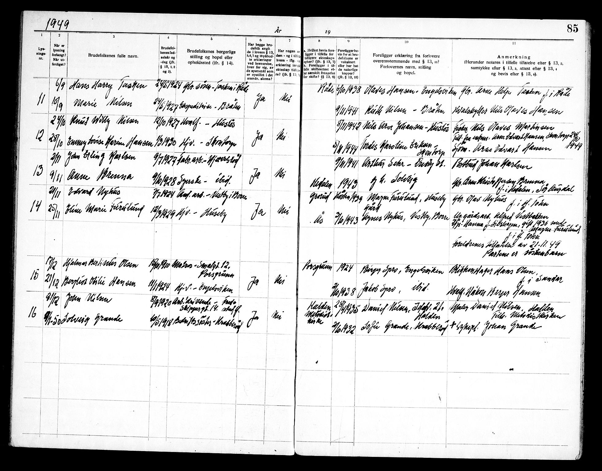 Onsøy prestekontor Kirkebøker, AV/SAO-A-10914/H/Ha/L0001: Lysningsprotokoll nr. I 1, 1919-1956, s. 85