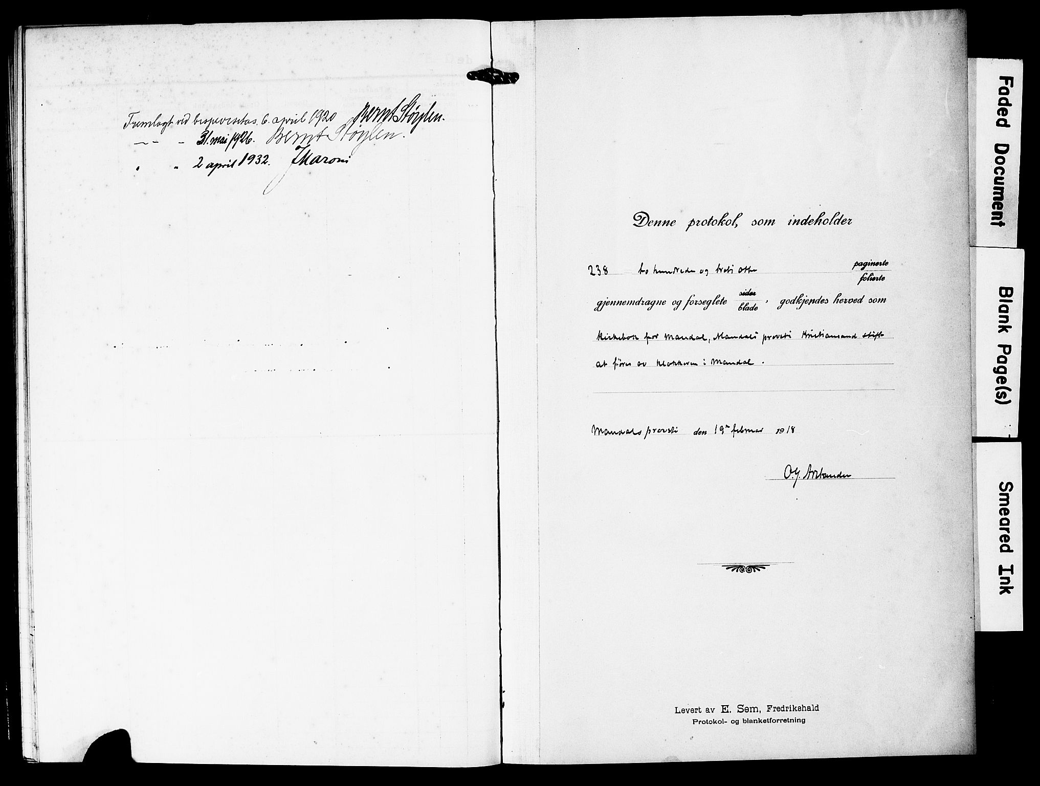Mandal sokneprestkontor, AV/SAK-1111-0030/F/Fb/Fbc/L0001: Klokkerbok nr. B 1, 1918-1931