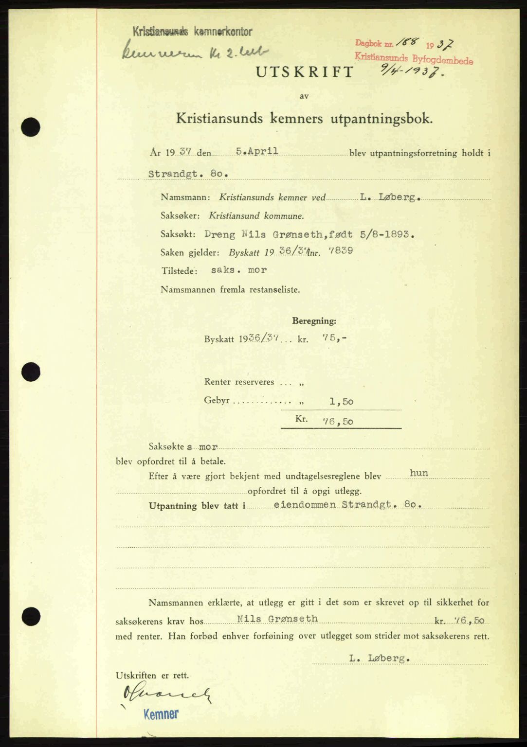 Kristiansund byfogd, SAT/A-4587/A/27: Pantebok nr. 29, 1936-1937, Dagboknr: 188/1937