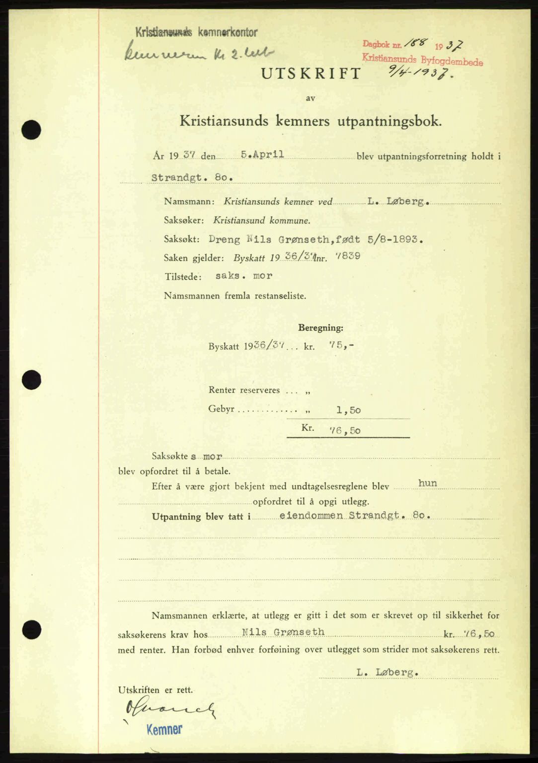 Kristiansund byfogd, AV/SAT-A-4587/A/27: Pantebok nr. 29, 1936-1937, Dagboknr: 188/1937