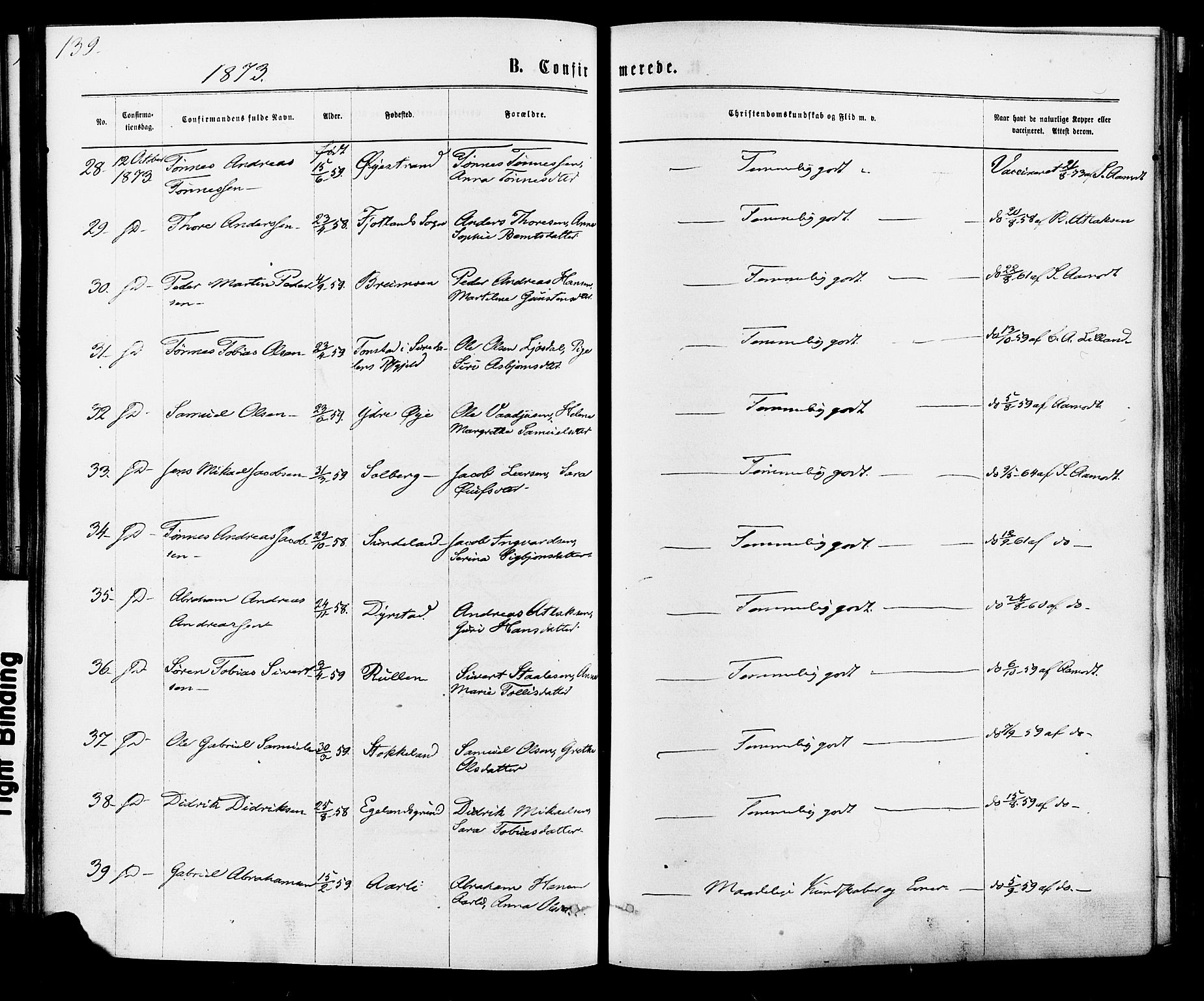 Kvinesdal sokneprestkontor, SAK/1111-0026/F/Fa/Fab/L0007: Ministerialbok nr. A 7, 1870-1885, s. 139